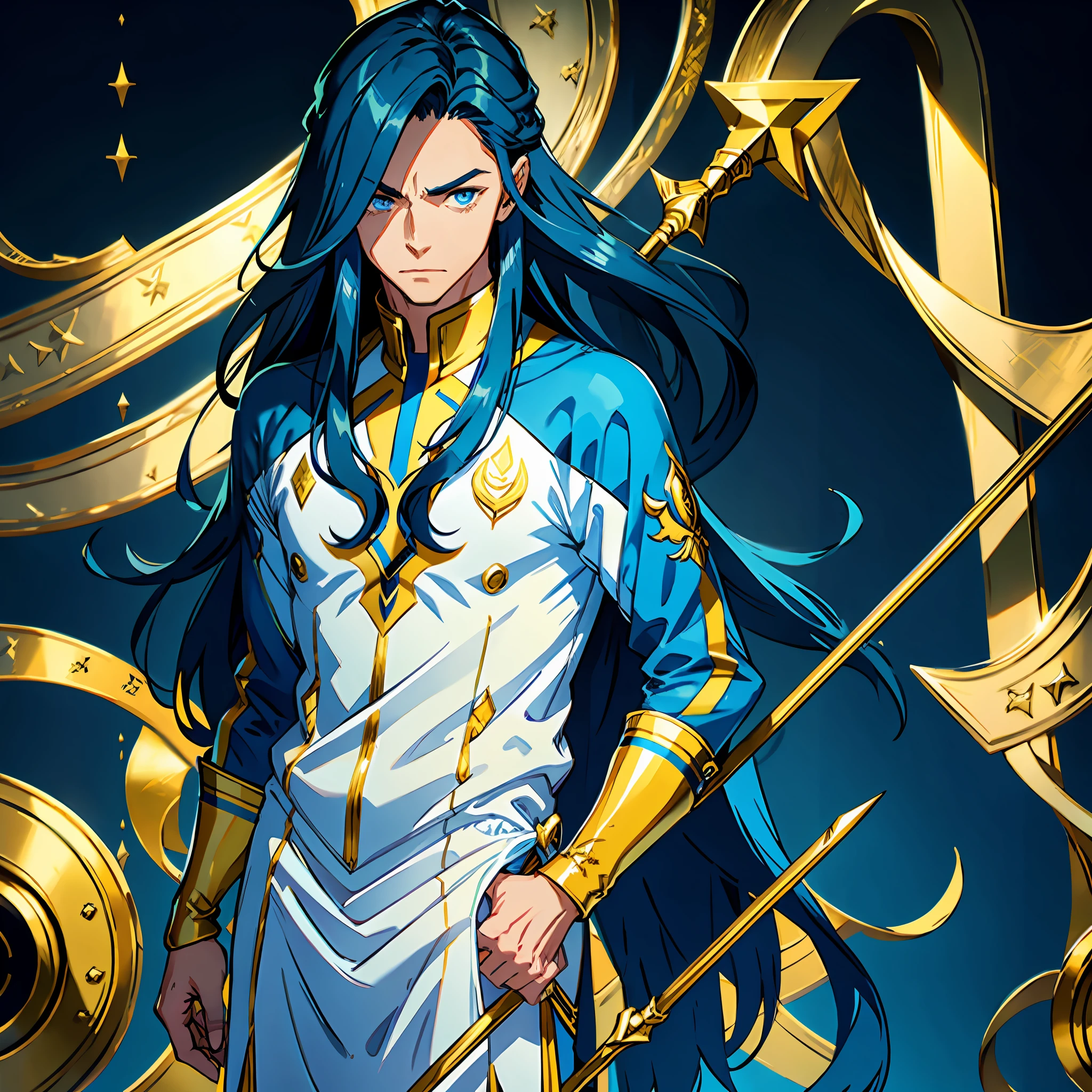 Blue and gold bicolor, men's clothing, long hair, forehead trident, the higher the Tag weight.