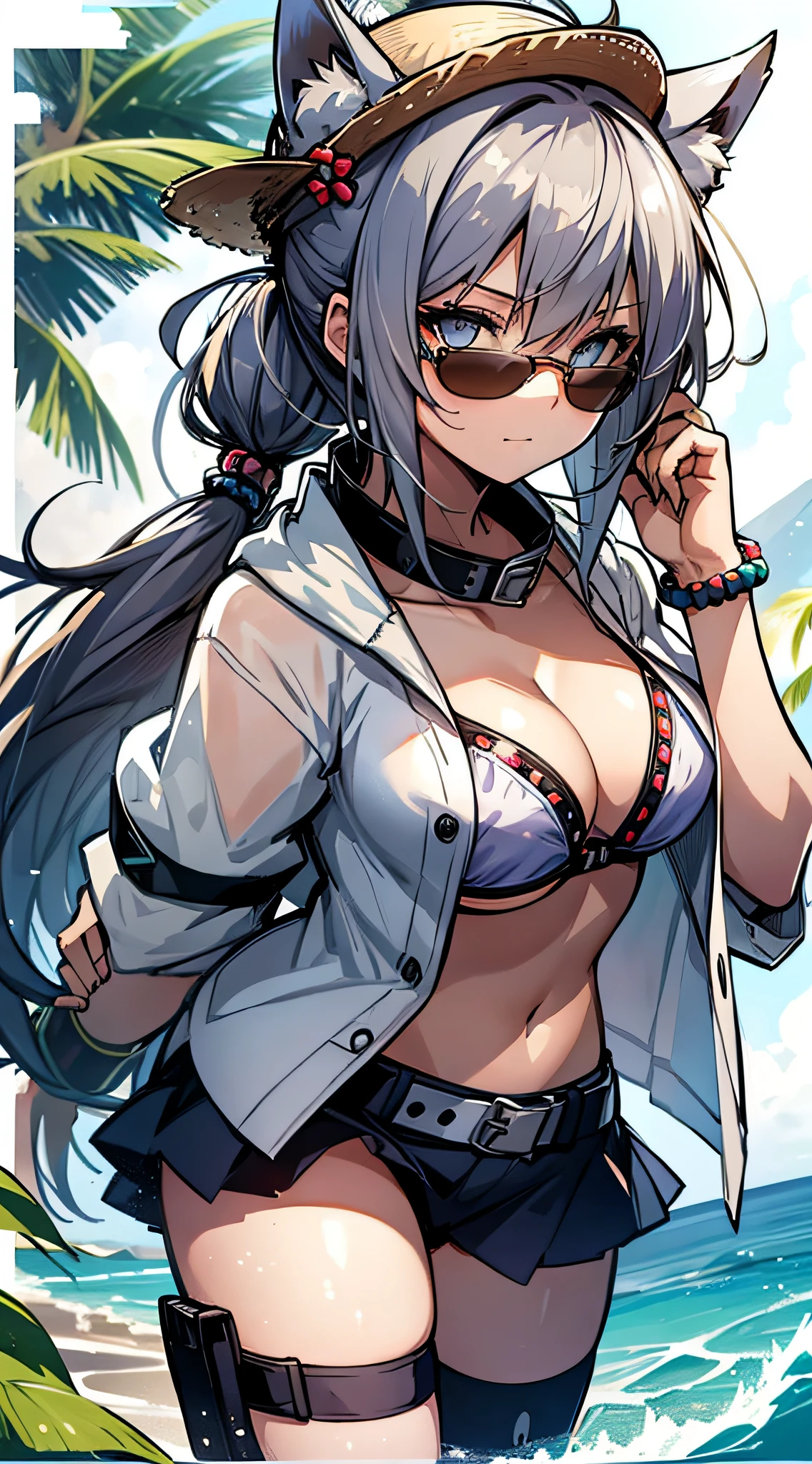 1 girl, animal ears, cat ears, ponytail, middle breast, micro bikini, open shirt, skirt, thigh strap, belt, beaded bracelet, collar, straw hat, sunglasses, sea, cowboy shot, (summer attire: 0.7),