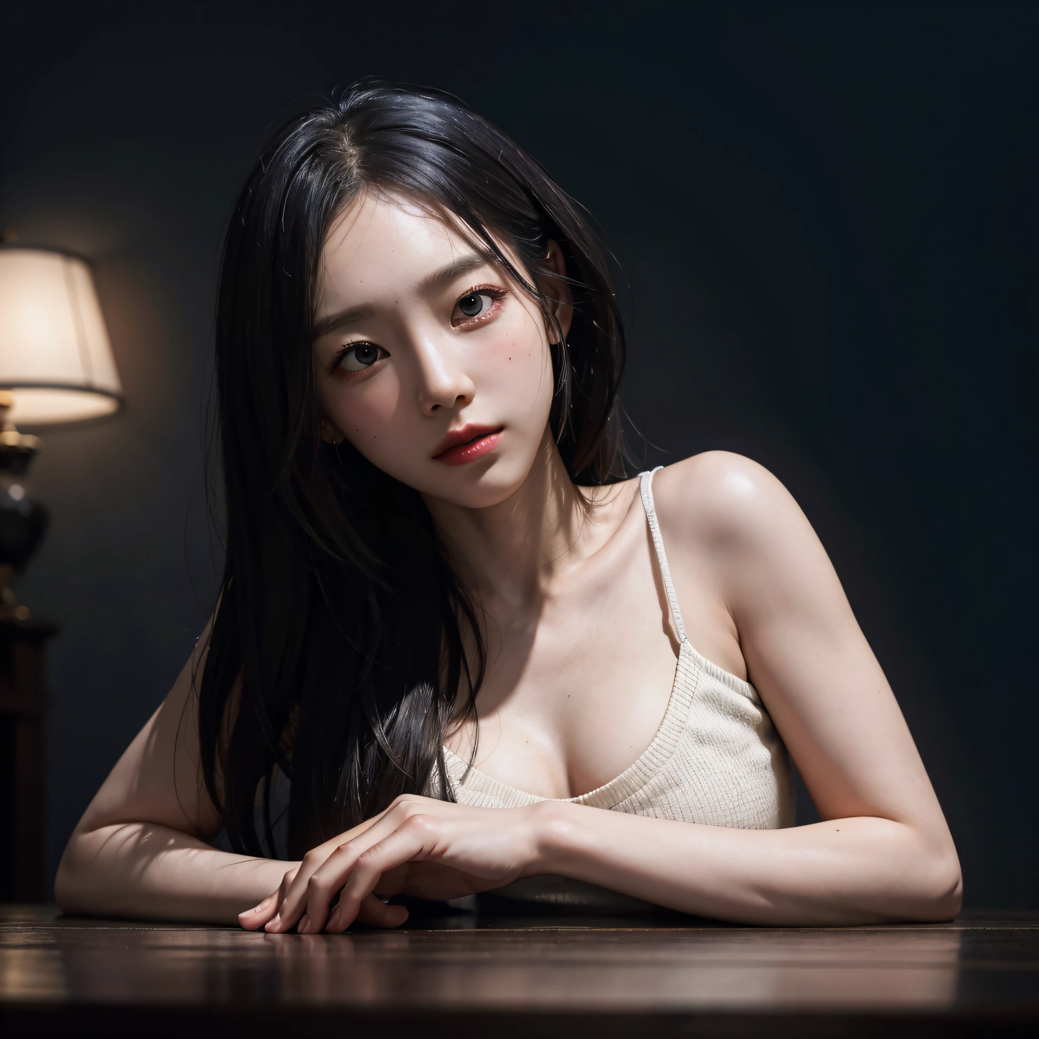 (extremely detailed CG unity 8k wallpaper, masterpiece, best quality, ultra-detailed), low key lighting, dynamic pose, focused studying, (1girl), large breasr, beautiful and serene expression, peaceful stillness, tranquil environment, dark blue glow.