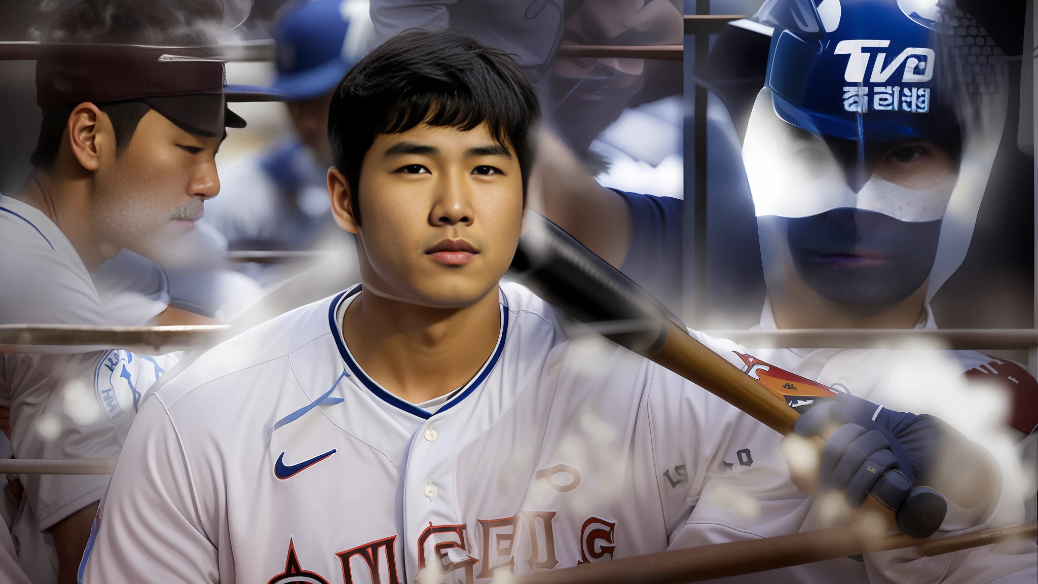 arafed baseball player holding a bat in a baseball dugout, siwoo kim, young wan angel, steven jung, taejune kim, 🚿🗝📝, michael okuda, woo kim, kazuya takahashi, angle, jinsung lim, keita morimoto, sakimichan, joongwon charles jeong, kimitake yoshioka