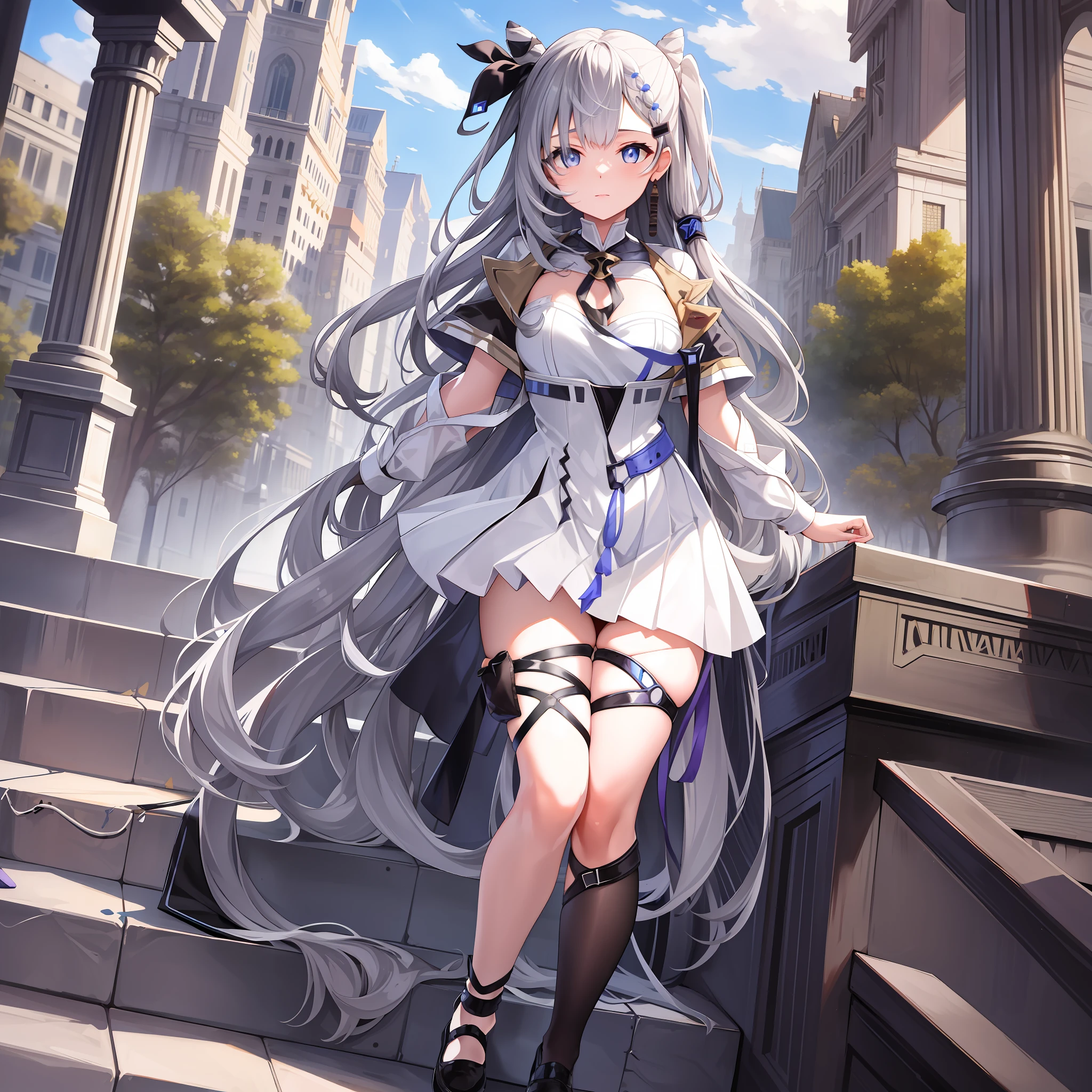 ((Masterpiece)), (Best Quality), vestia zeta, virtual youtuber, hair ribbon, hair ornament,white dress, single thighhigh, thigh strap,grey hair , (NSFW:1.1), Full Body