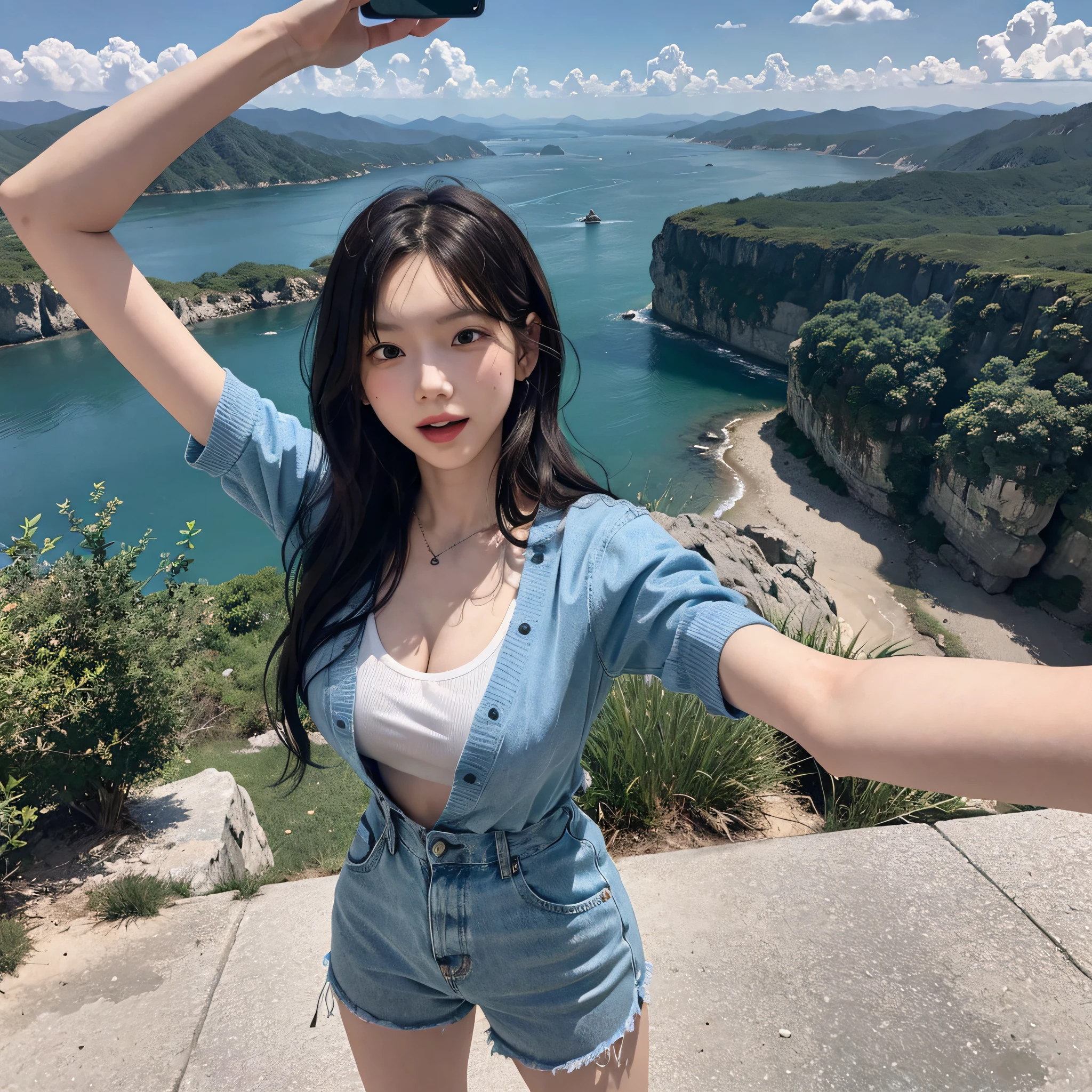 (extremely detailed, high-quality) CG portrait of a girl ready for an exciting adventure. She is taking a selfie, standing at the edge of a platform, about to bungee jump from high up. Large breast, black wavy hair, The surroundings are breathtaking, with a stunning blue sky and clouds forming a beautiful background. The scene captures the excitement and anticipation of the moment, with the girl's posture and expression showing her joy and fear.