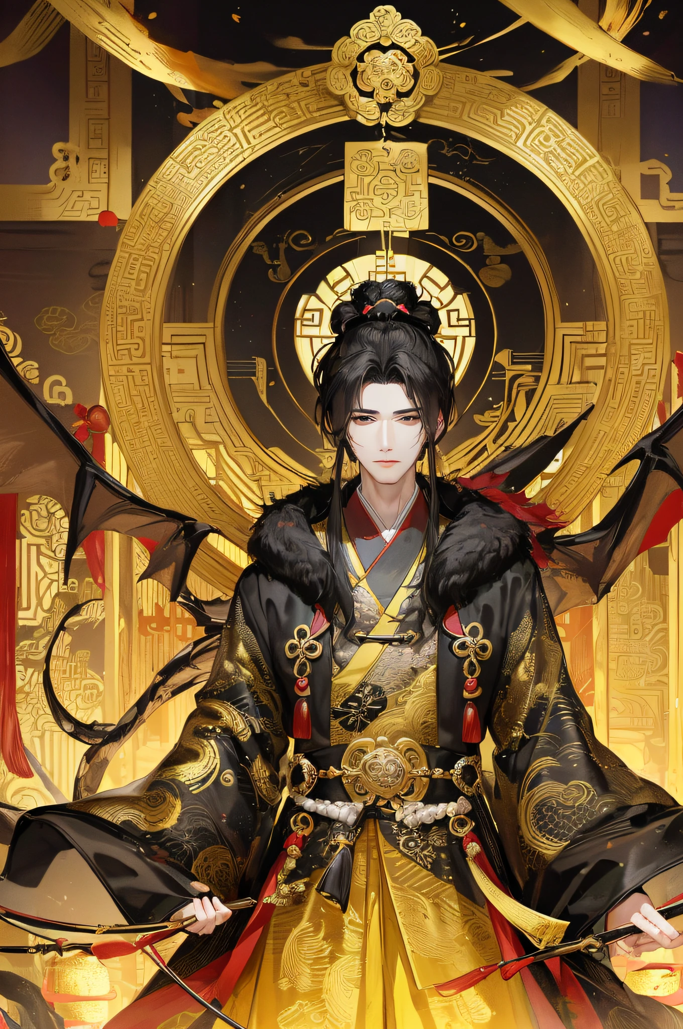 Masterpiece, Superb Piece, Night, Full Moon, 1 person, mature man, Chinese style, ancient Chinese emperor of the Han Dynasty, black hair, black eyes, dragon robe Luxurious, calm, yellow, pure yellow, white gold alternate, gold pattern, dragon pattern, prince,