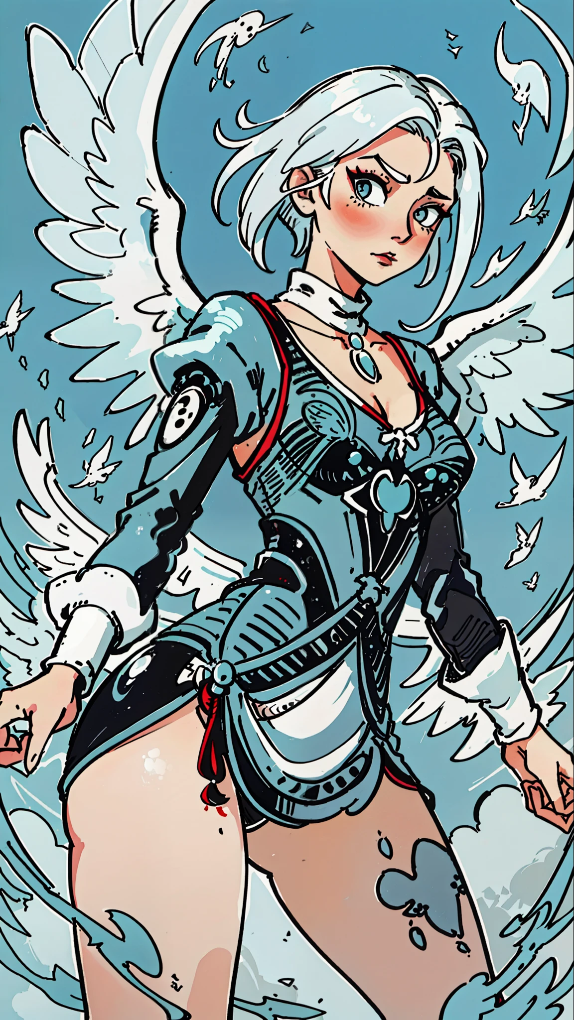 Style painting of a woman with white hair and wings, inspired by Krenz Kuschat, inspired by Victor Mosquera, João Ruas, Krenz Kusaud, Thong Kang Art Style, James Jean Art, Style James Jean, Amano Yoshitaka style, Satoshi Style, inspired by Dustin Nguyen