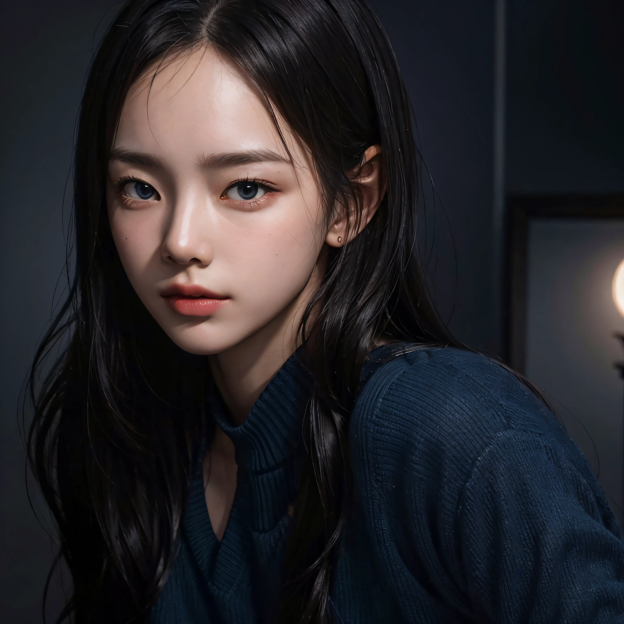 (extremely detailed CG unity 8k wallpaper, masterpiece, best quality, ultra-detailed), low key lighting, dynamic pose, focused studying, (1girl), large breasr, beautiful and serene expression, peaceful stillness, tranquil environment, dark blue glow.