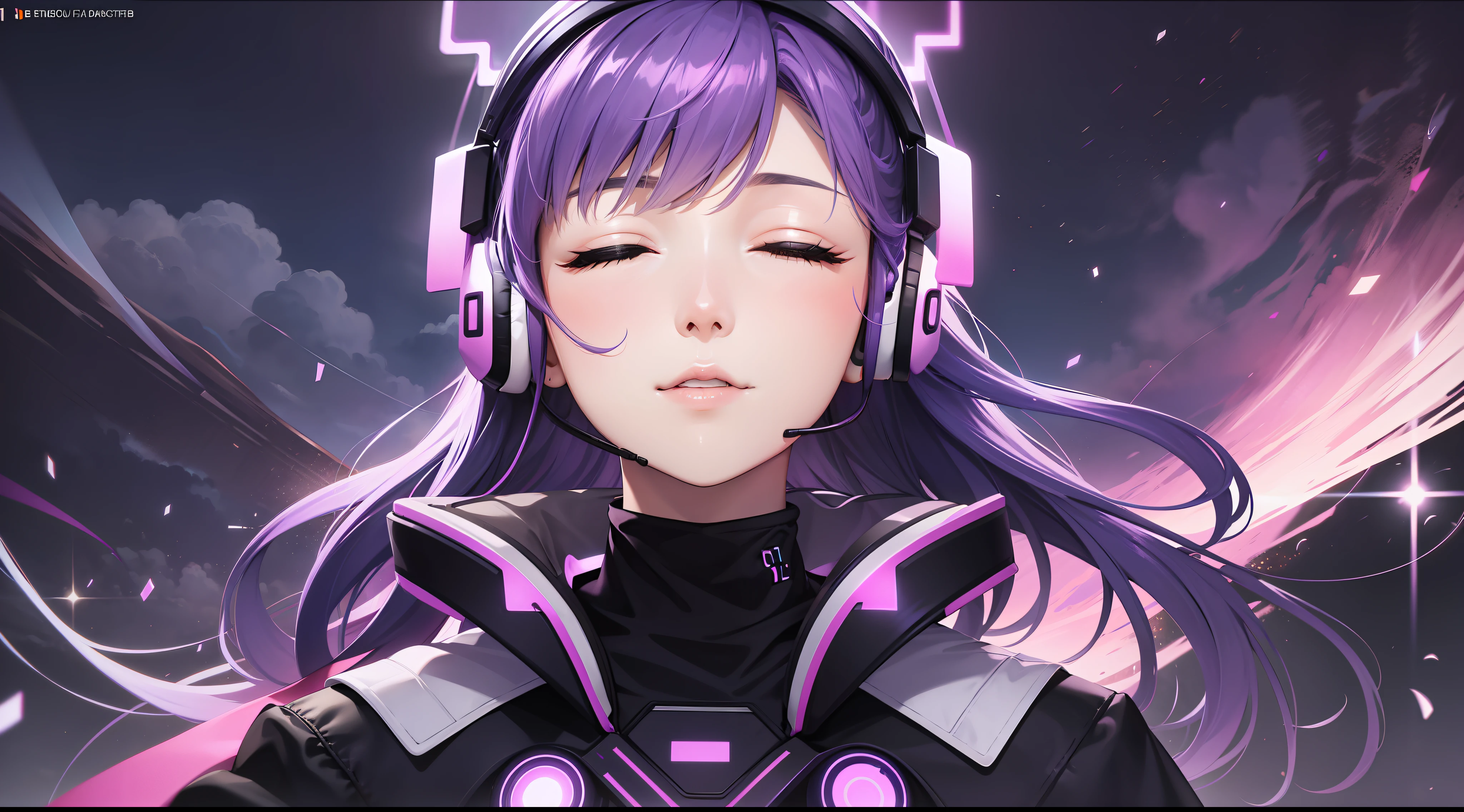 Woman with peace sense headset, closed eyes, beautiful face, RGB colors, purple hair, banner for youtube video, happy girl, clouds with RGB colors., bright RGB colors.