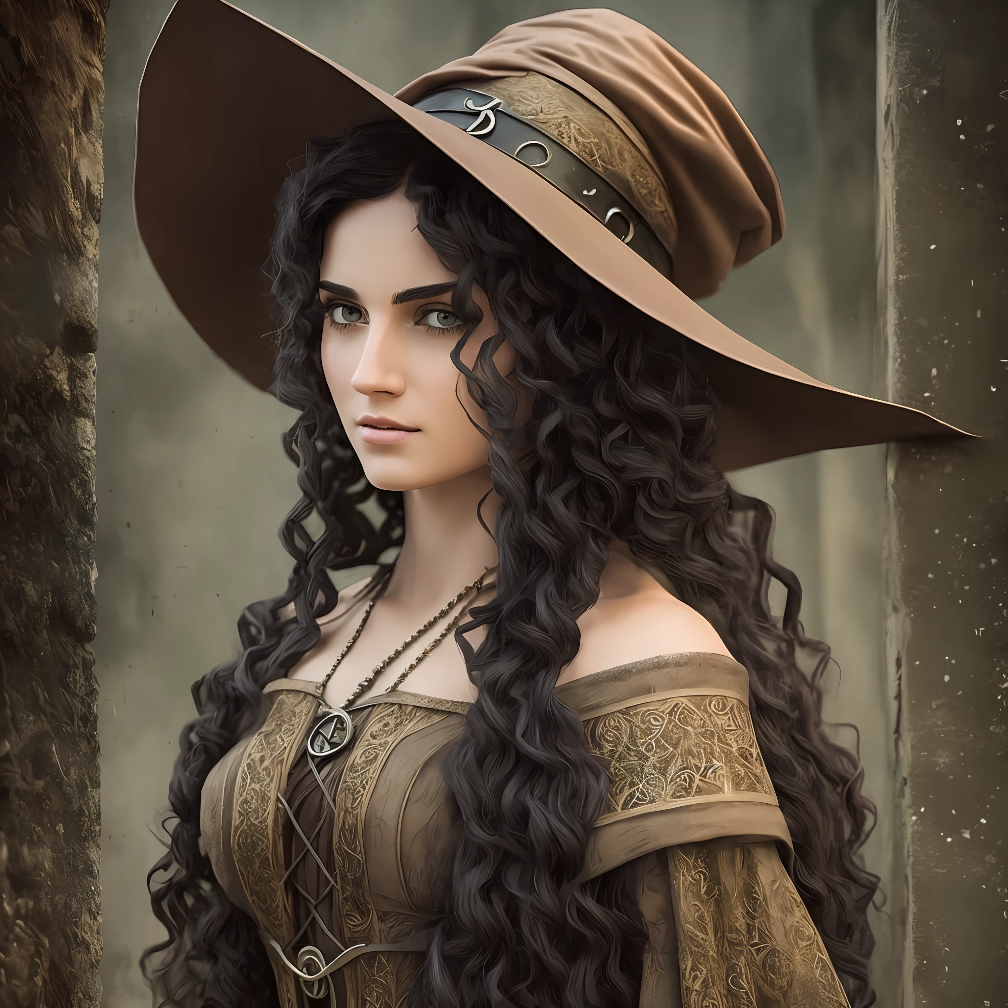 (realistic) (best quality) a witch with Italian features with black curly hair in a medieval style --auto --s2