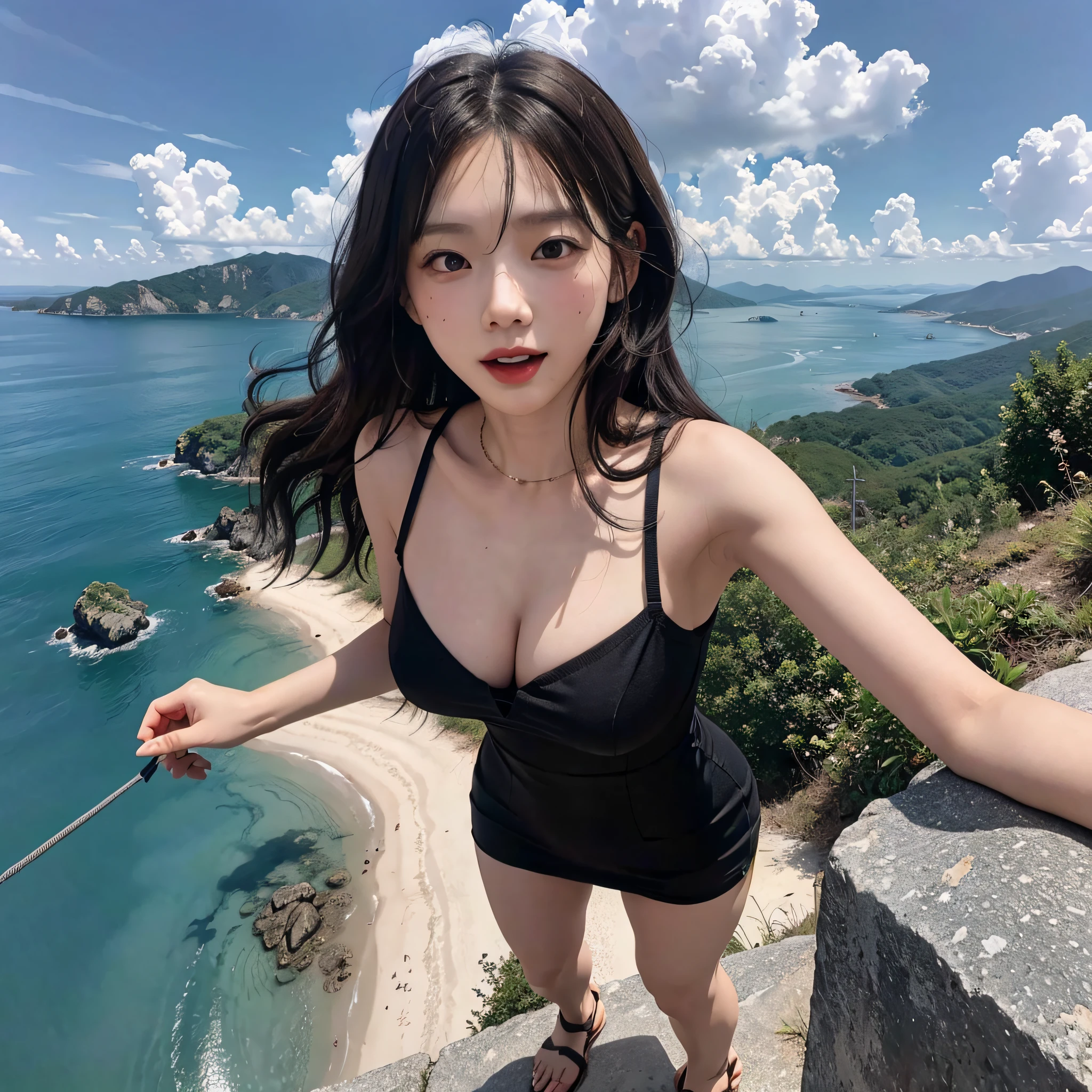 (extremely detailed, high-quality) CG portrait of a girl ready for an exciting adventure. She is taking a selfie, standing at the edge of a platform, about to bungee jump from high up. Large breast, black wavy hair, The surroundings are breathtaking, with a stunning blue sky and clouds forming a beautiful background. The scene captures the excitement and anticipation of the moment, with the girl's posture and expression showing her joy and fear.