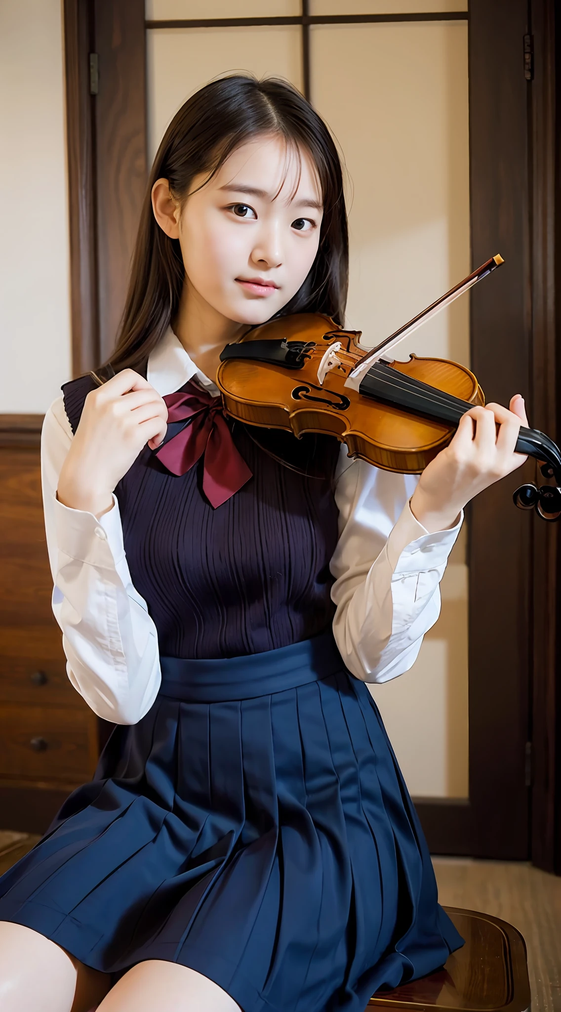 high school student in uniform, knitting, playing the violin, , 16 years old, short c