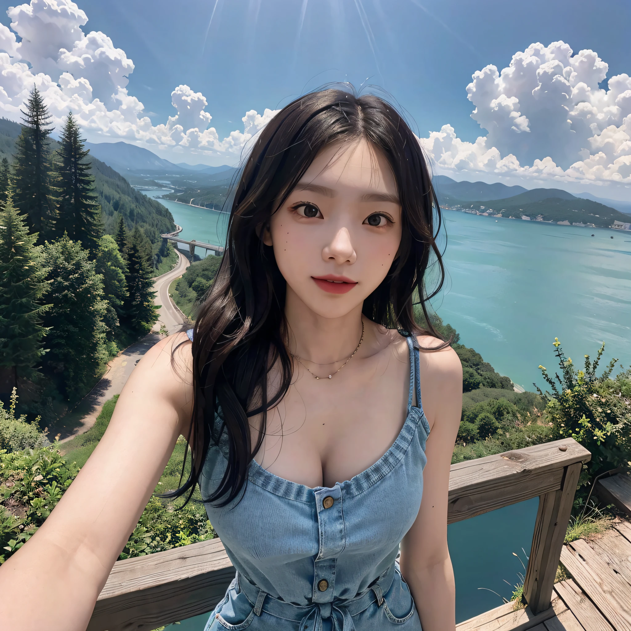 (extremely detailed, high-quality) CG portrait of a girl ready for an exciting adventure. She is taking a selfie, standing at the edge of a platform, about to bungee jump from high up. Large breast, black wavy hair, The surroundings are breathtaking, with a stunning blue sky and clouds forming a beautiful background. The scene captures the excitement and anticipation of the moment, with the girl's posture and expression showing her joy and fear.