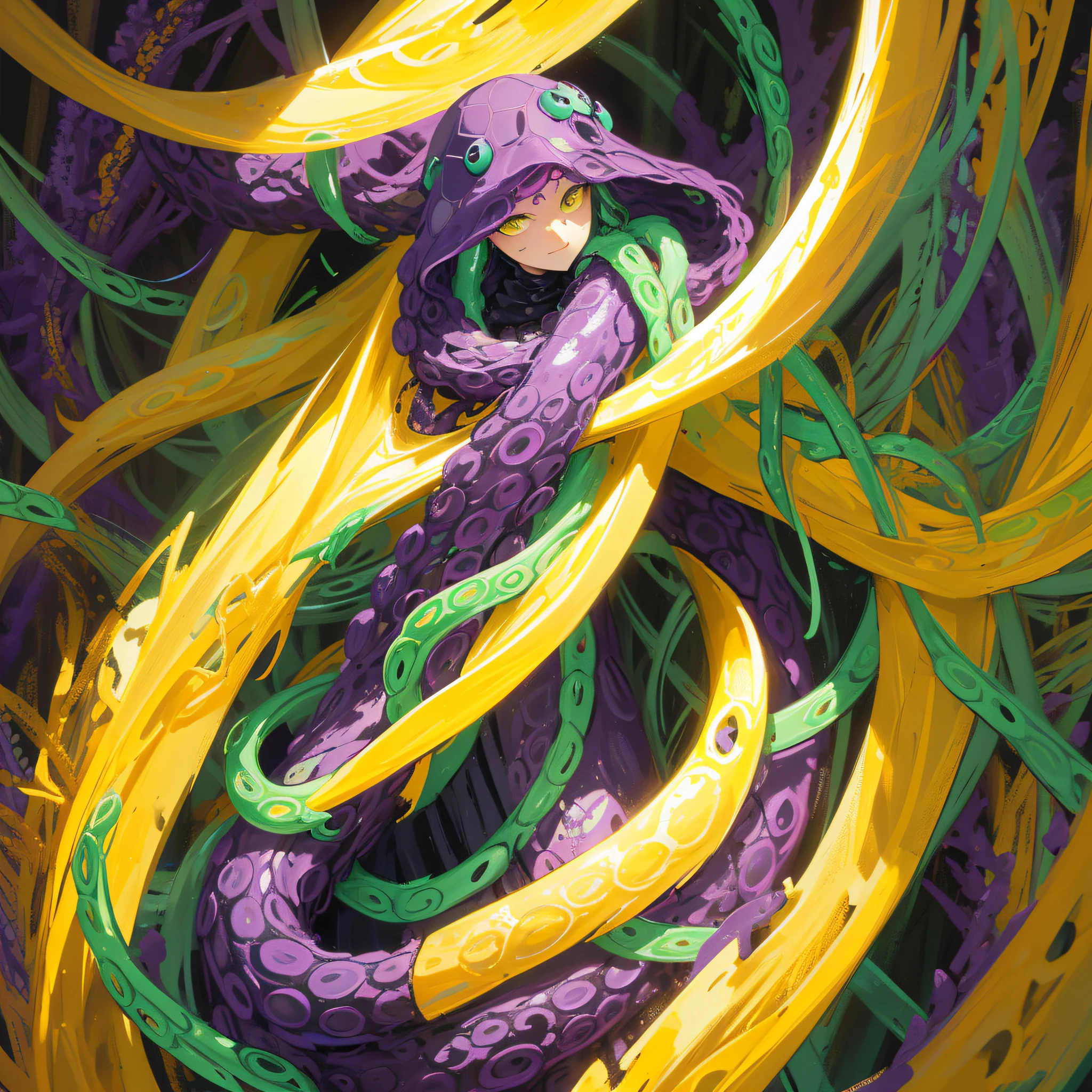 cephalopod, (cephalopod), purple-black tentacles with green beads, purple skin, covered in green and yellow snakes, covered in red and yellow snakes, covered in yellow and whites snakes, sun pattern tattoo, masterpiece, Best Quality