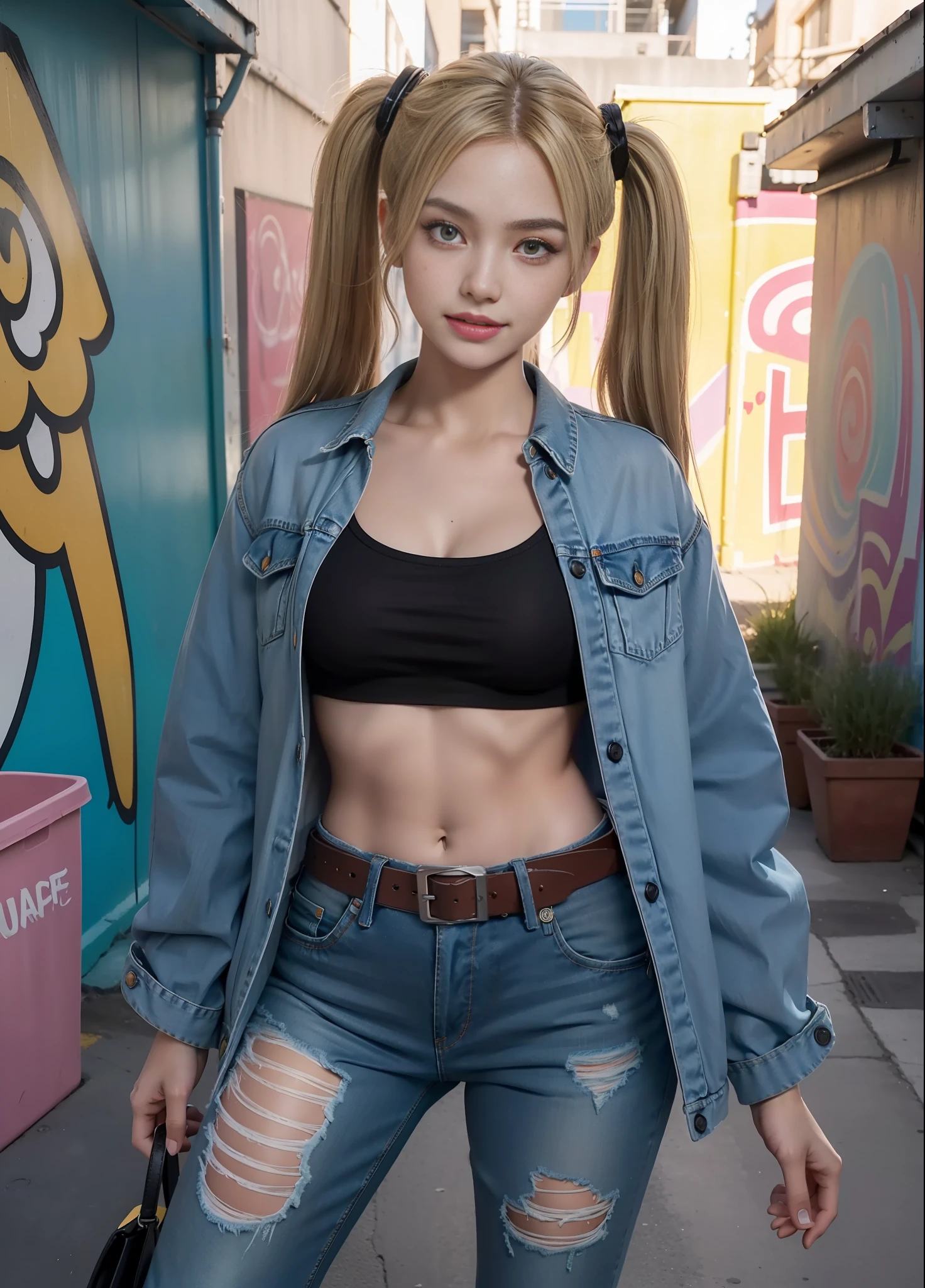Original Character, Volumetric Lighting, Best Shadows, Shallow Depth of Field, Portrait Of Stunningly Beautiful Girl, Petite, Delicate Beautiful Attractive Face With Alluring Yellow Eyes, Messy Painted Face, Sharp Eyebrows, Broadly Smiling, Open Mouth, Fangs Out, Lovely Medium Breasts, Layered Long Twintail Blond Hair, Blush Eyeshadow, Thick Eyelashes, Applejack Hat, Oversized Pop Jacket, Mini Underboob Tee, Open Navel, Slim Waist, Denim Jeans Pants, With Buckle Belt, In The Graffiti Alley, Waste Container, Outside Stairs, Outdoor Unit, Holding Spray Paint Can, Standing, (Highest Quality, Amazing Details:1.25), (Solo:1.3), Brilliant Colorful Paintings