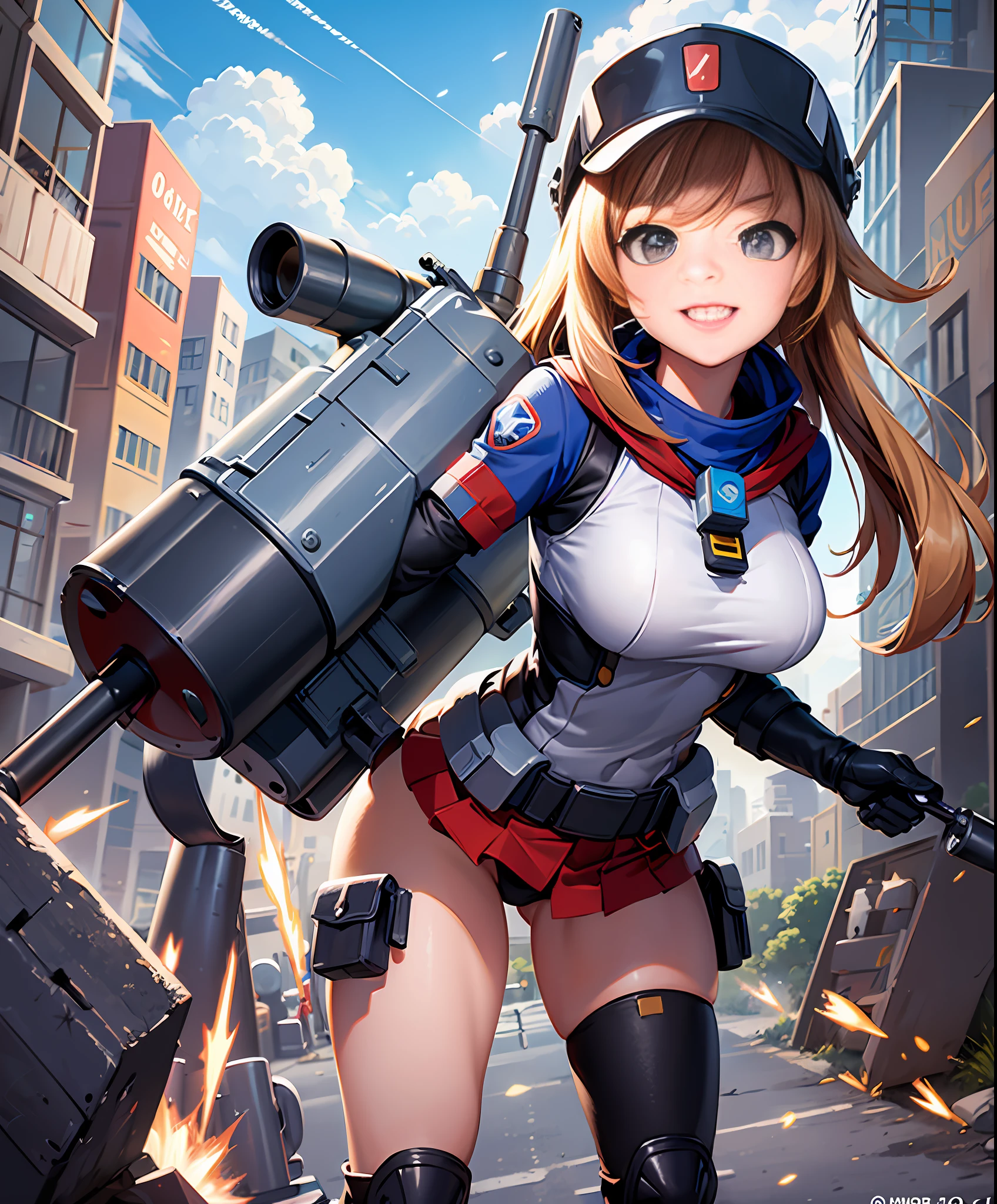 (Rocket Launcher: 1.3), (Explosion: 1.2), Squadron, Rocket Launcher Carry, Rocket Launcher Love, Hero, Girl, Hero Costume, Ally of Justice, Turn Into a Hero, Town, Cute, Masterpiece, High Definition, 16k, Illustration, Detailed Hands, Detailed Feet, Wide Angle, Full Body, Smile