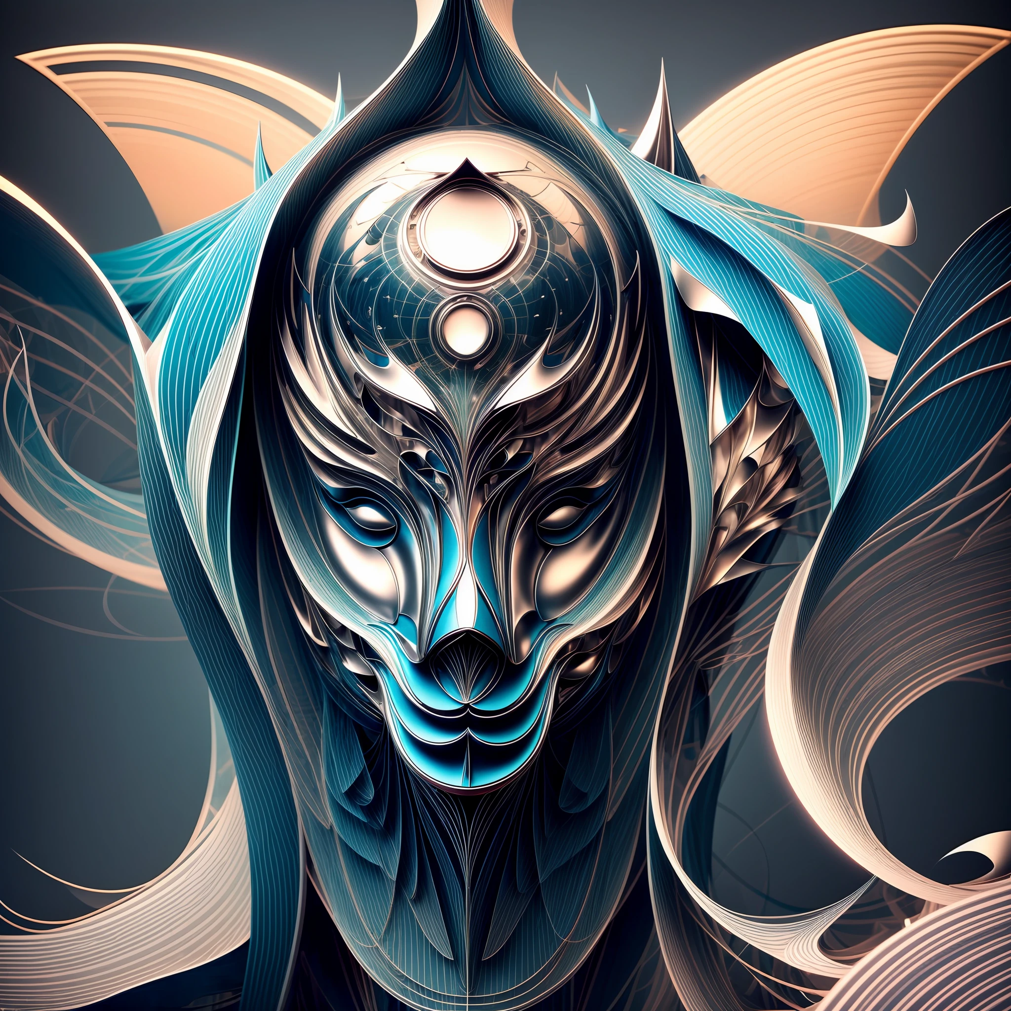 (kittybot shaman DMT aura with a transparent helmet with a protruding brain: 1.4), (metal wings: 1.2), (hyperloop car flask mask: 1.2), (kawaii cyberpop fractal art: 1.6), (Tobias Gremmler art style of fluid and dynamic forms: 1.6), (organic-geometric mix: 1.6), (the shaman's head reflects happiness as a mood and mind in surreal ways:  1.2), (mask creates motion and warping in light: 1.3), (ultra-high resolution: 1.4), (ray tracing illumination: 1.4), (subsurface scattering skin: 1.2), (particle effects: 1.4), (depth of field: 1.4), (geometric-dotist abstraction: 1.6), (generative fluid fractal algorithm: 1.6).