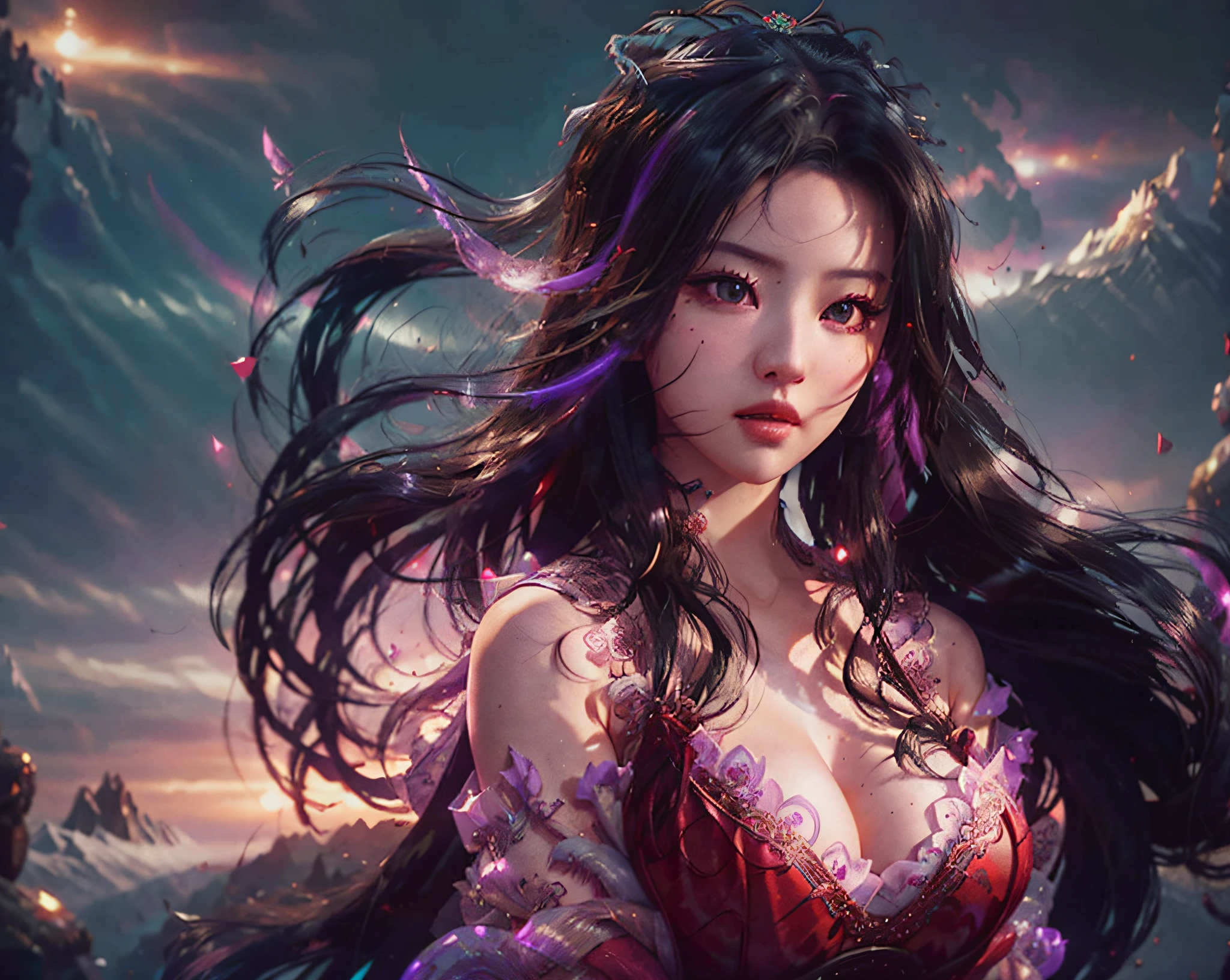 a close up of a woman in a red dress with long hair, beautiful alluring anime woman, a beautiful fantasy empress, inspired by Du Qiong, seductive tifa lockhart portrait, ((a beautiful fantasy empress)), seductive anime girl, beautiful anime woman, glamorous tifa lockheart, beautiful avatar pictures, mai shiranui, lady in pink armor, tifa, (lingerie:1.2), photo realistic, upon_body, tyndall effect, photorealistic, dark studio, rim lighting, two tone lighting, (high detailed skin:1.2), 8k uhd, dslr, soft lighting, high quality, volumetric lighting, candid, Photograph, high resolution, 4k, 8k, Bokeh, breast out, (nude:0.9), (purple eyes color), (transparent armor:1.0), big breast, --auto --s2