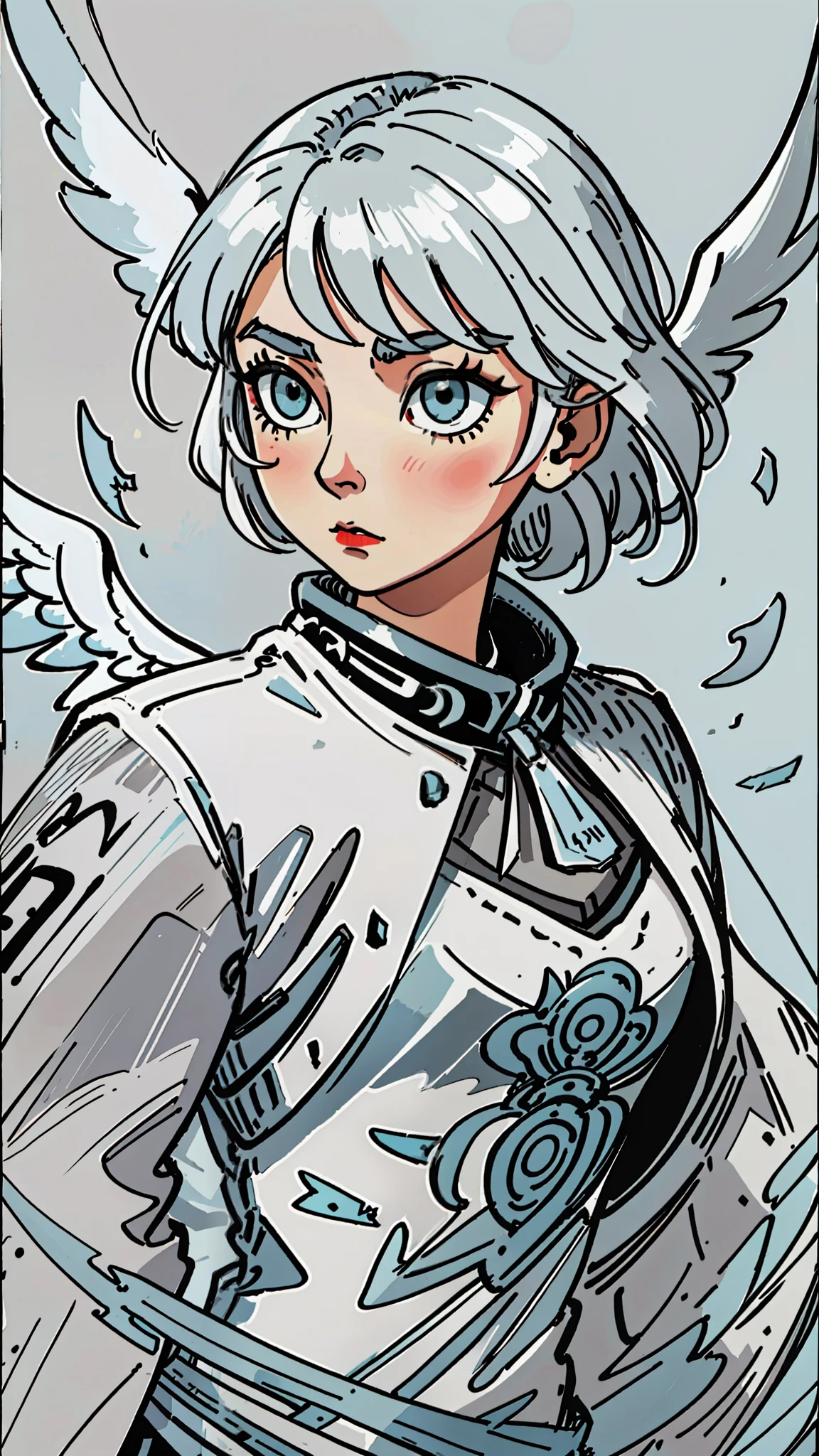 Style painting of a silver-haired woman with white wings, inspired by Krenz Kuschat, inspired by Victor Mosquera, João Ruas, Krenz Kusaud, Satoshi Kang Art Style, James Jean Art, Style James Jean, Amano Yoshitaka style, Satoshi Style, inspired by Dustin Nguyen