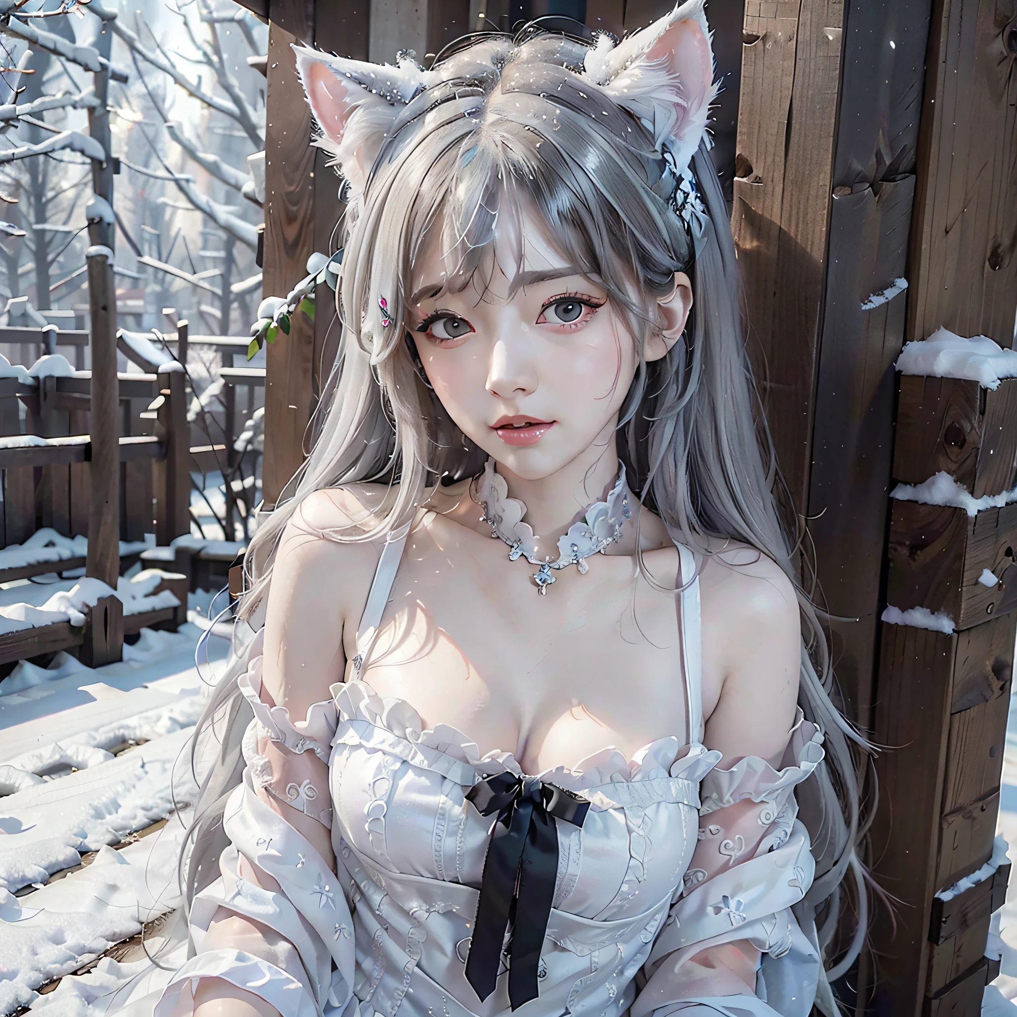 an innocent girl with exposing white thin full dress,(small breasts),with fluffy cat ears, with snow-color hair, with snowy background, wet, delicate skin,(8k, extremely detailed, flawless world, masterpiece)