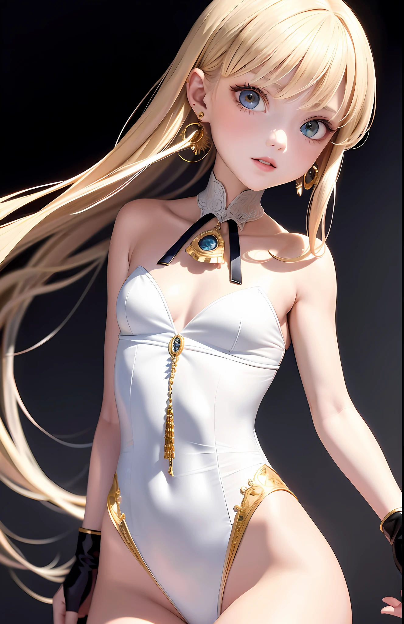 Best, Masterpiece, High Resolution, Best Quality, Ultra HD, Super Detail, Award-Limited, 16k, Solo, (Upper Body), Anatomically Correct, Beautiful Maiden, Cute Face, Highlights, Gradient Beige Hair, Hair Strands, ((Heterochromia)), Long Eyelashes, Hanging Corners, Fair Skin, (Small), (Slim Body), ((Victorian Women's Clothing)), Stud Earrings, (Neck Rings), Very, Very Short Gloves