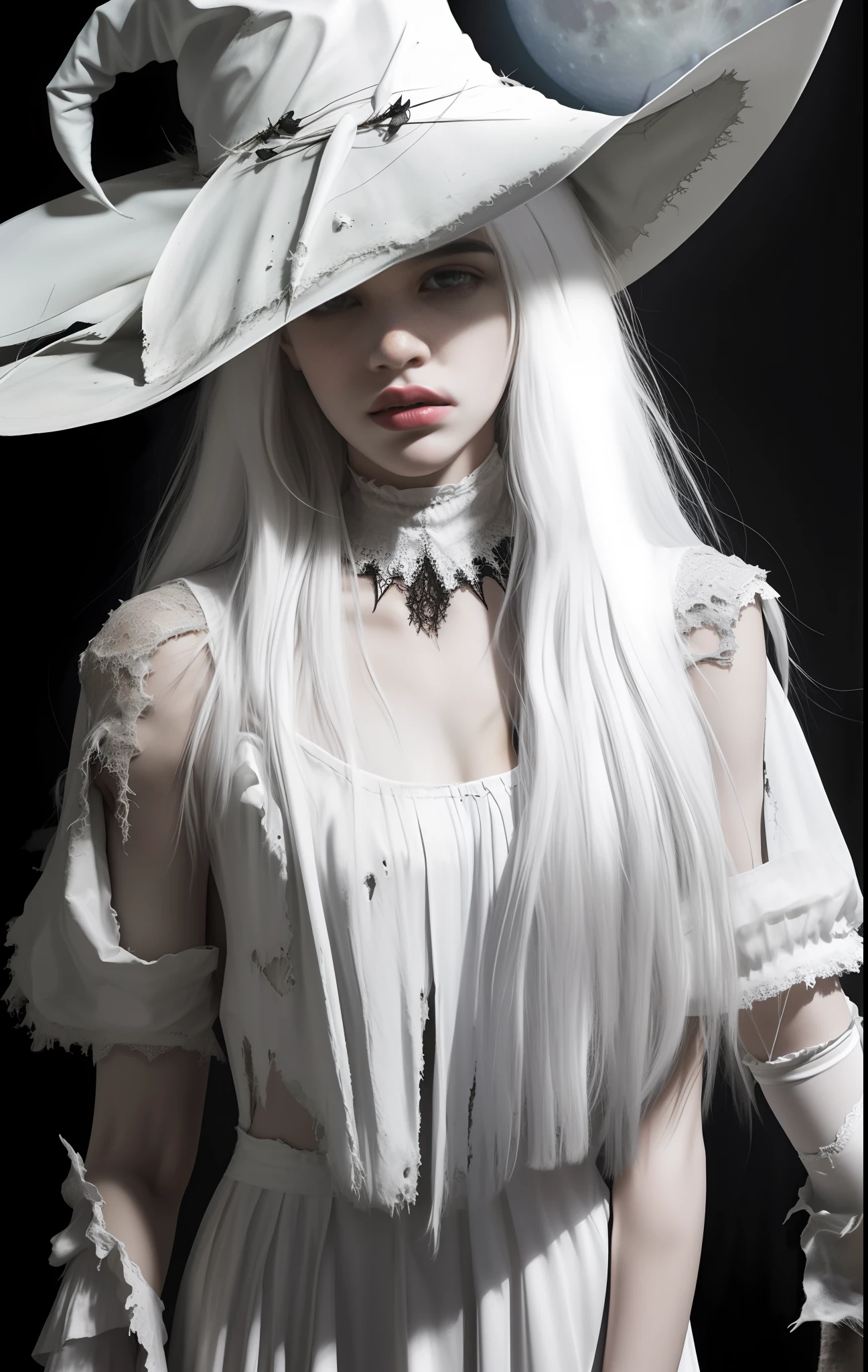 DUA LIPA, SONRIENDO,(Tattered clothes:1.1),long white hair, (white stockings:1.1),white large witch hat,witch costume, Ride broomstick, fantasy,(light:1.3),dark theme,magic,moon,upper body,