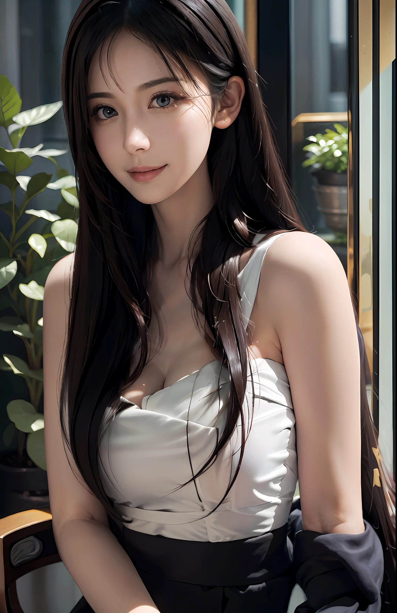 (Ultra Realistic), (Illustration), (Increased Resolution), (8K), (Extremely Detailed), (Best Illustration), (Beautiful and Detailed Eyes), (Best Quality), (Ultra Detailed), (Masterpiece ), ( wallpaper), (detailed face), solo, 1 girl, looking at viewer, fine details, detailed face, in the dark, deep shadows, low key, pureerosfaceace_v1, smiling, long hair, black shawl straight hair , 46 points oblique bangs