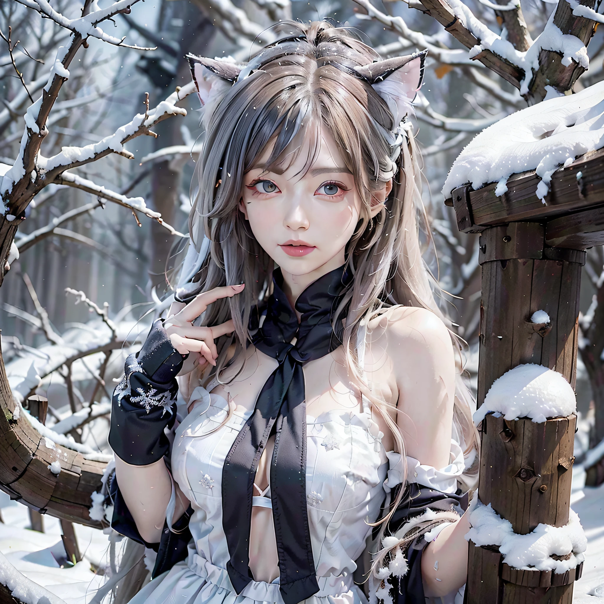 an innocent girl with exposing white thin full dress,(small breasts),with fluffy cat ears, with snow-color hair, with snowy background, wet, delicate skin,(8k, extremely detailed, flawless world, masterpiece)