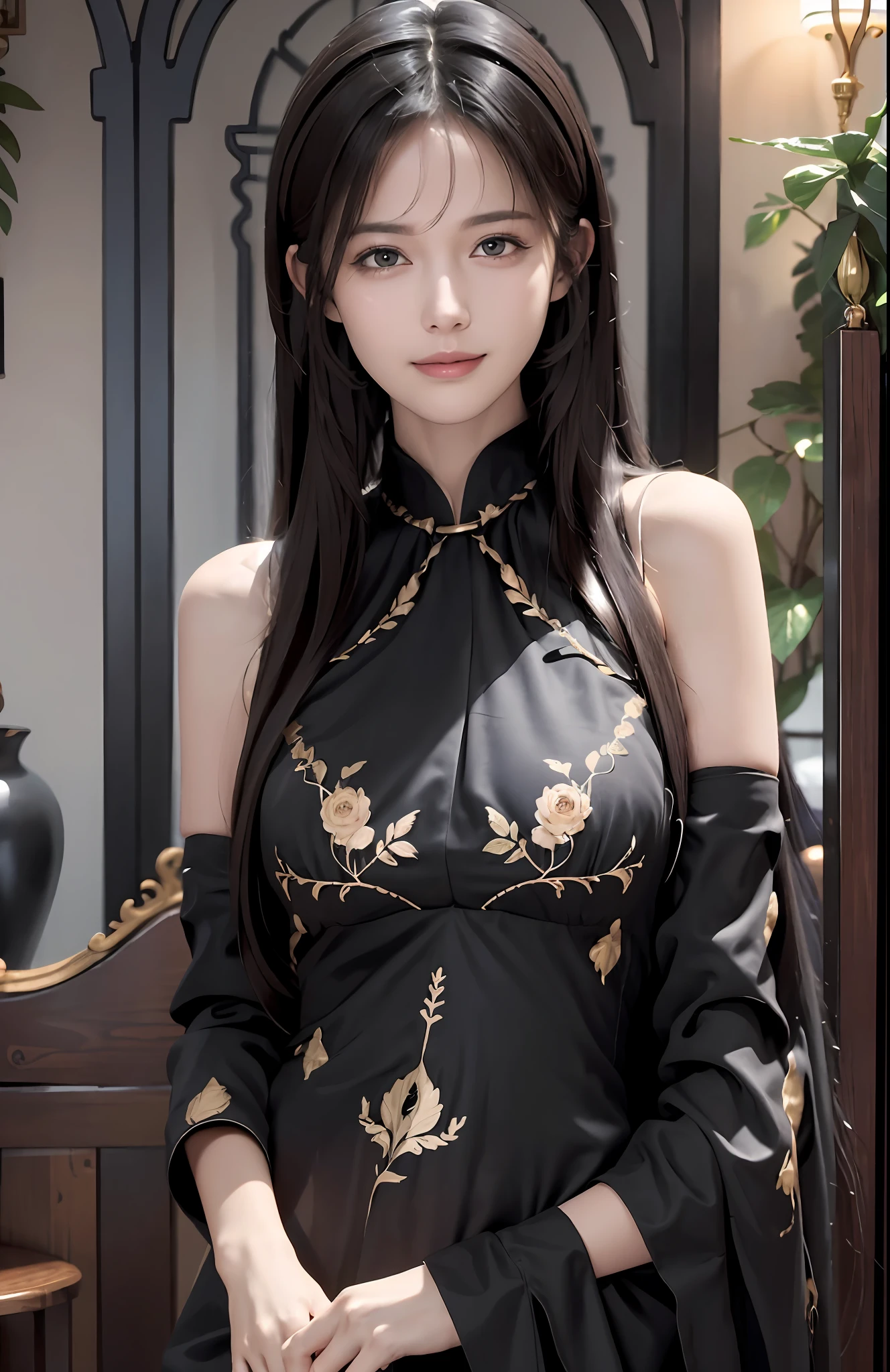 (Ultra Realistic), (Illustration), (Increased Resolution), (8K), (Extremely Detailed), (Best Illustration), (Beautiful and Detailed Eyes), (Best Quality), (Ultra Detailed), (Masterpiece ), ( wallpaper), (detailed face), solo, 1 girl, looking at viewer, fine details, detailed face, in the dark, deep shadows, low key, pureerosfaceace_v1, smiling, long hair, black shawl straight hair , 46 points oblique bangs