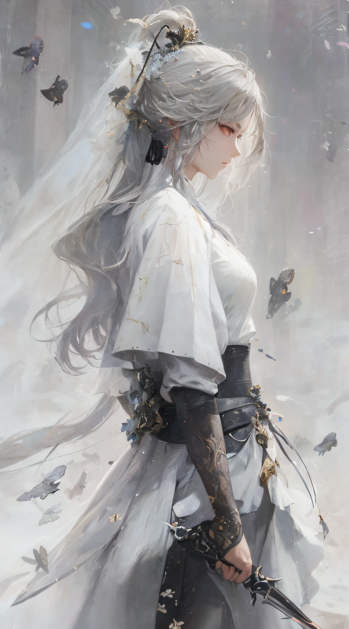 a close up of a woman with a sword in a white dress, a character portrait by Yang J, trending on cgsociety, fantasy art, beautiful character painting, artwork in the style of guweiz, guweiz, white hanfu, flowing white robes, full body wuxia, epic exquisite character art, stunning character art, beautiful female assassin