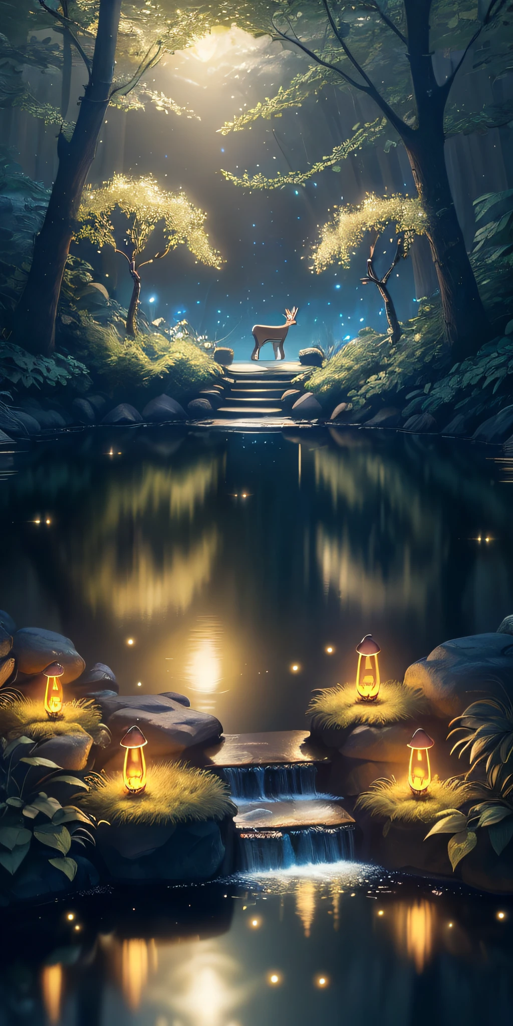 Masterpiece, best quality, (very detailed CG unity 8k wallpaper), (best quality), (best illustration), (best shadows), glow sprite, with a glowing deer, in the swimming pool Drinking water, natural elements in the forest theme. Mysterious forest, beautiful forest, nature, surrounded by flowers, delicate leaves and branches surrounded by fireflies (natural elements), (jungle theme), (leaves), (twigs), (fireflies), (particle effects) etc. 3D , Octane rendering, ray tracing, super detailed