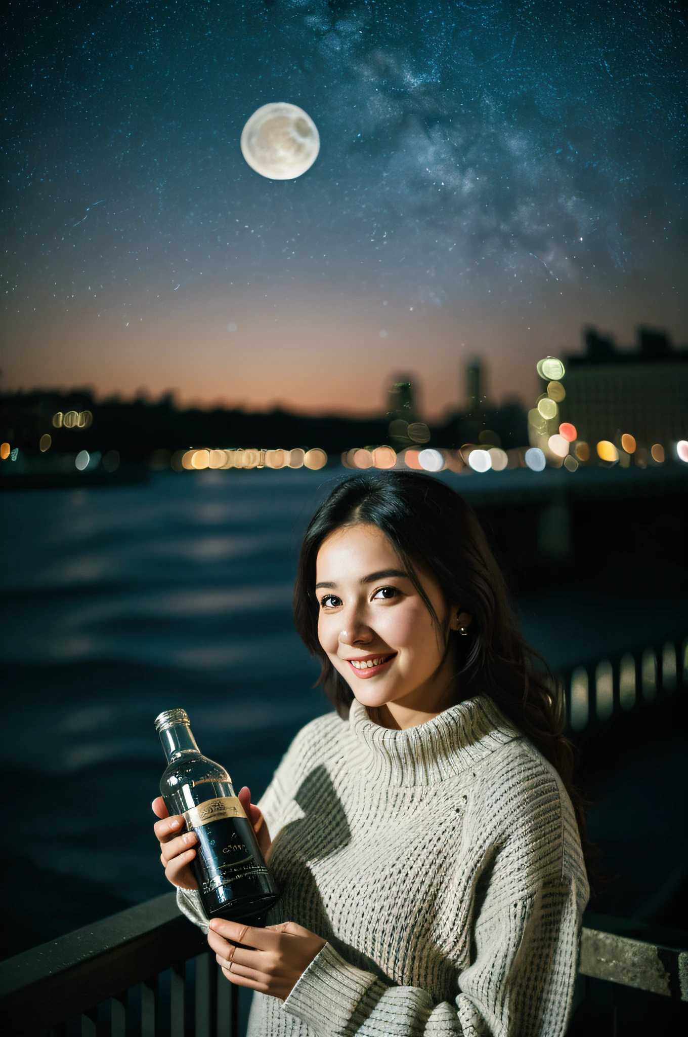 1 woman ((looking at the camera, happy)), masterpiece, best quality, ultra-detailed, solo, big city, (night), (stars, moon) cheerful, happy, sweater, bar, water bottle, river, smoke, shadows, contrast, clear sky, style, (warm hue, warm tone)
