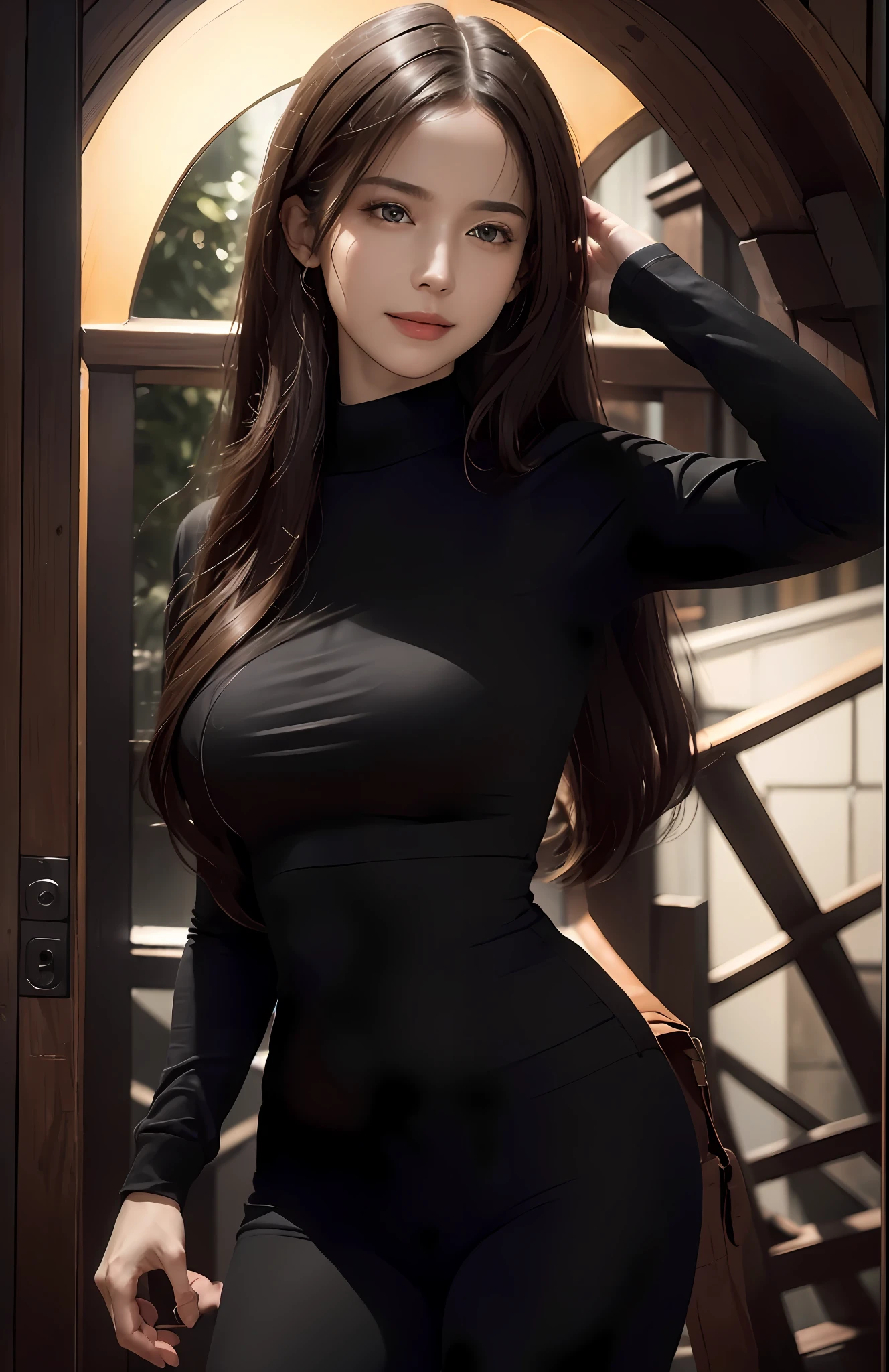 (Ultra Realistic), (Illustration), (Increased Resolution), (8K), (Extremely Detailed), (Best Illustration), (Beautiful and Detailed Eyes), (Best Quality), (Ultra Detailed), (Masterpiece ), ( wallpaper), (detailed face), solo, 1 girl, looking at viewer, fine details, detailed face, in the dark, deep shadows, low key, pureerosfaceace_v1, smiling, long hair, black shawl straight hair , 46 points oblique bangs