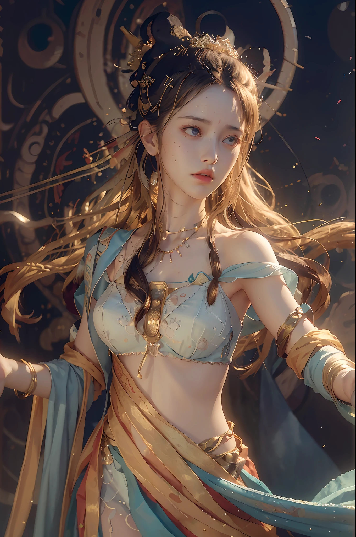 (RAW photo, best quality), (realistic, photo-realistic:1.3),best quality,highly detailed,masterpiece,ultra-detailed,illustration,1girl,upper_body,dynamic angle,world masterpiece theater,messy_long_hair,best quality,extremely detailed CG unity 8k wallpaper,ink,Amazing,cinematic lighting,lens_flare,,dunhuang_style