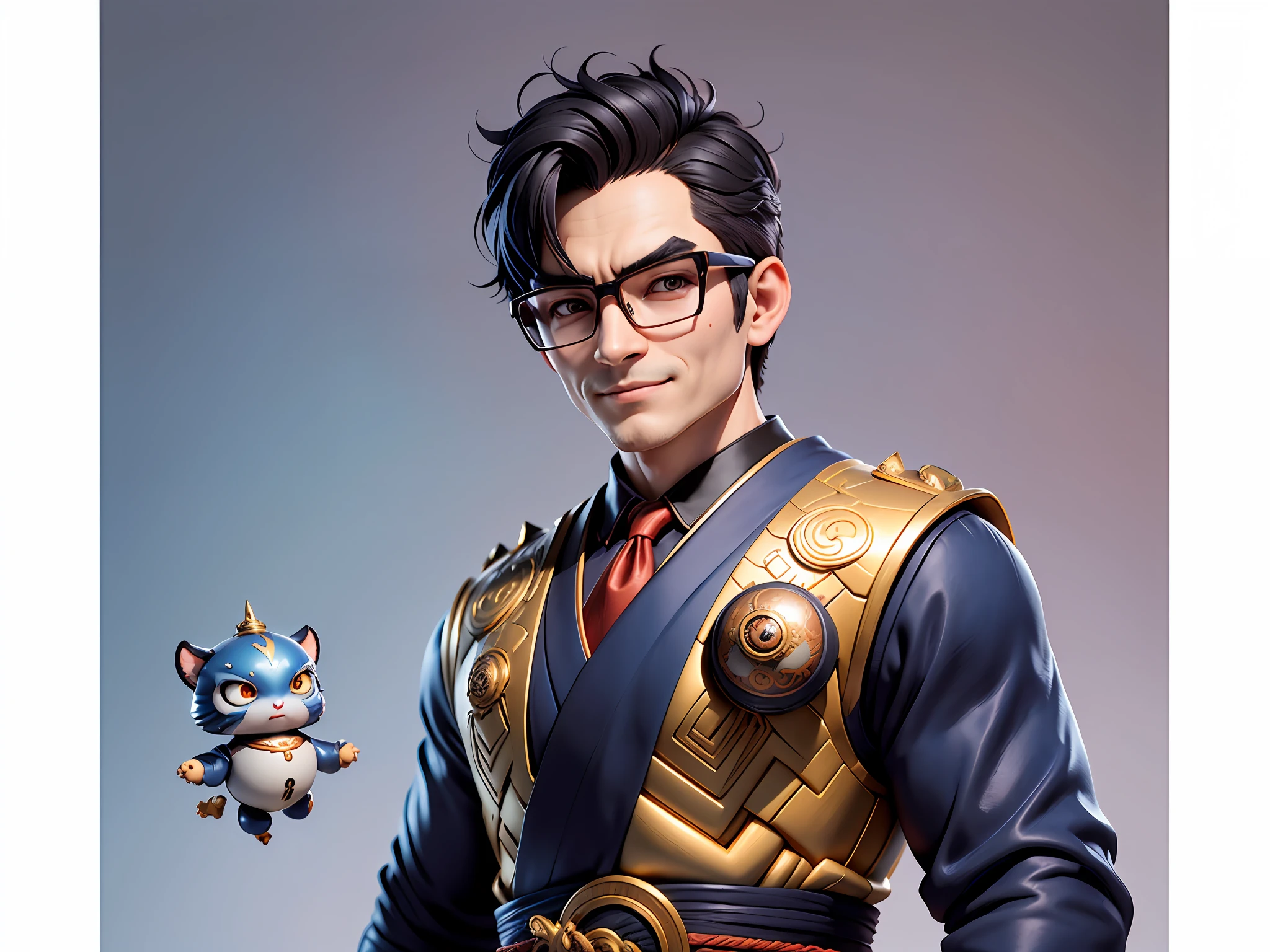 (Masterpiece), (Excellent), (Super Meticulous), (Full Body: 1.2), Super Young Man with Japanese Female Geisha, Pretty, Beautiful, Chinese Dragon, Tiger, Wind God Thor, Sexy, Bursting, Oriental Face, TV Anchor, Bust Portrait Illustration, Black Suit, Blue Tie, Slightly Chubby Face, Silver Glasses, Very Clean Face, No Beard on Chin, Black Super Short Hair, Black Eyes, Confident Smile, 3c Computer Sub-Products, iPad, iPhone, Digital Painting, 3D character design by Mark Clairedon and Pixar and Hayao Miyazaki and Akira Toriyama, the illustrations are HD illustrations in 4K resolution with highly detailed facial features and cartoon-style visuals.