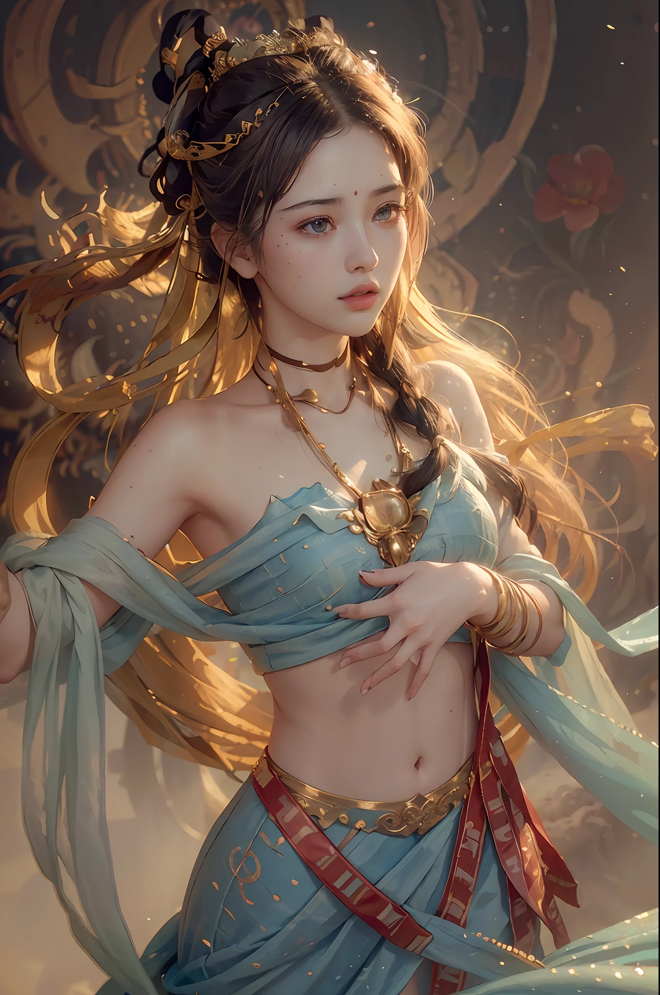 (RAW photo, best quality), (realistic, photo-realistic:1.3),best quality,highly detailed,masterpiece,ultra-detailed,illustration,1girl,upper_body,dynamic angle,world masterpiece theater,messy_long_hair,best quality,extremely detailed CG unity 8k wallpaper,ink,Amazing,cinematic lighting,lens_flare,,dunhuang_style