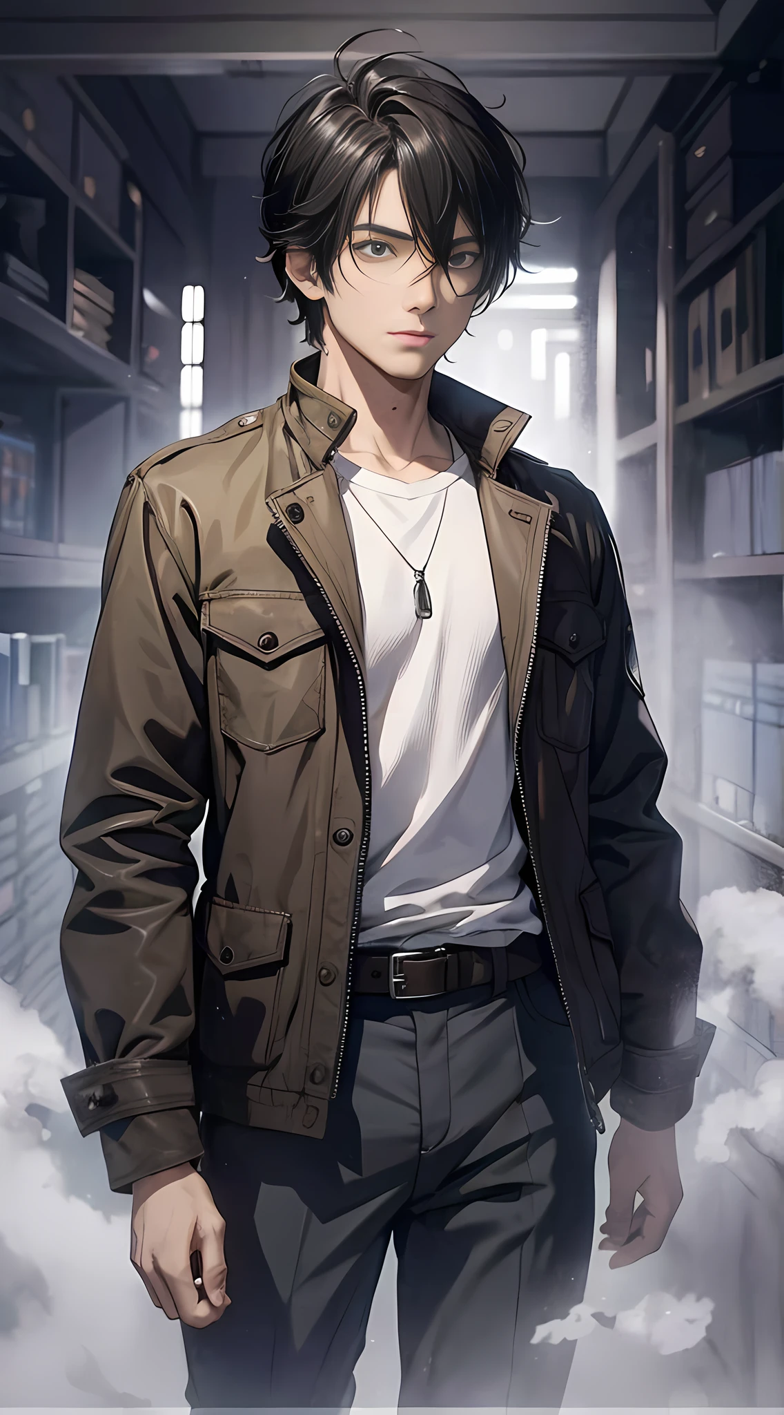 The male protagonist in the dim background, shuttling through the endless fog, recalling the past and exploring himself,