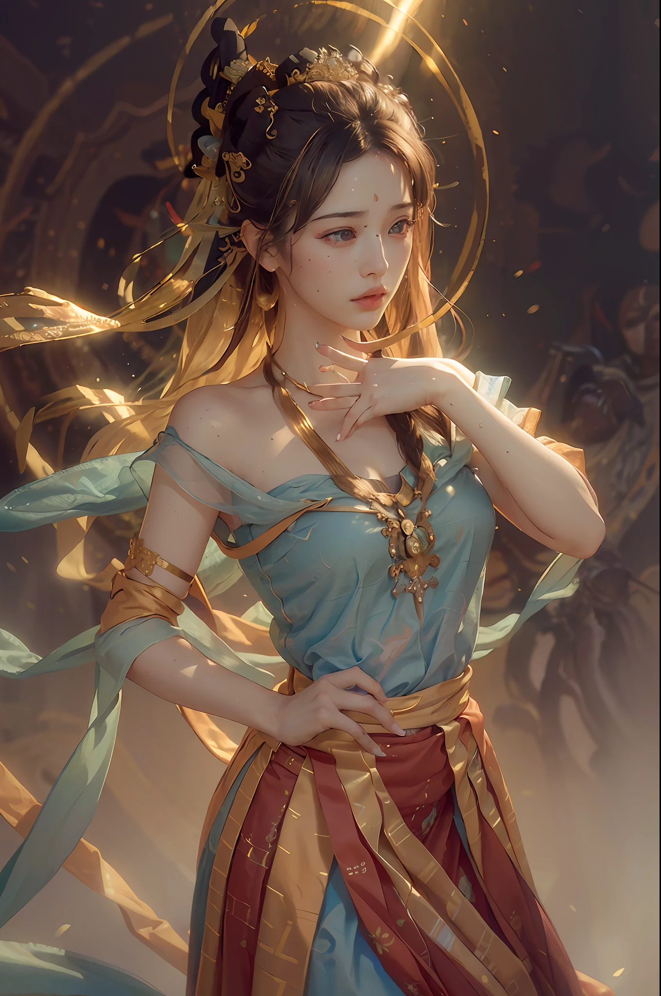 (RAW photo, best quality), (realistic, photo-realistic:1.3),best quality,highly detailed,masterpiece,ultra-detailed,illustration,1girl,upper_body,dynamic angle,world masterpiece theater,messy_long_hair,best quality,extremely detailed CG unity 8k wallpaper,ink,Amazing,cinematic lighting,lens_flare,,dunhuang_style