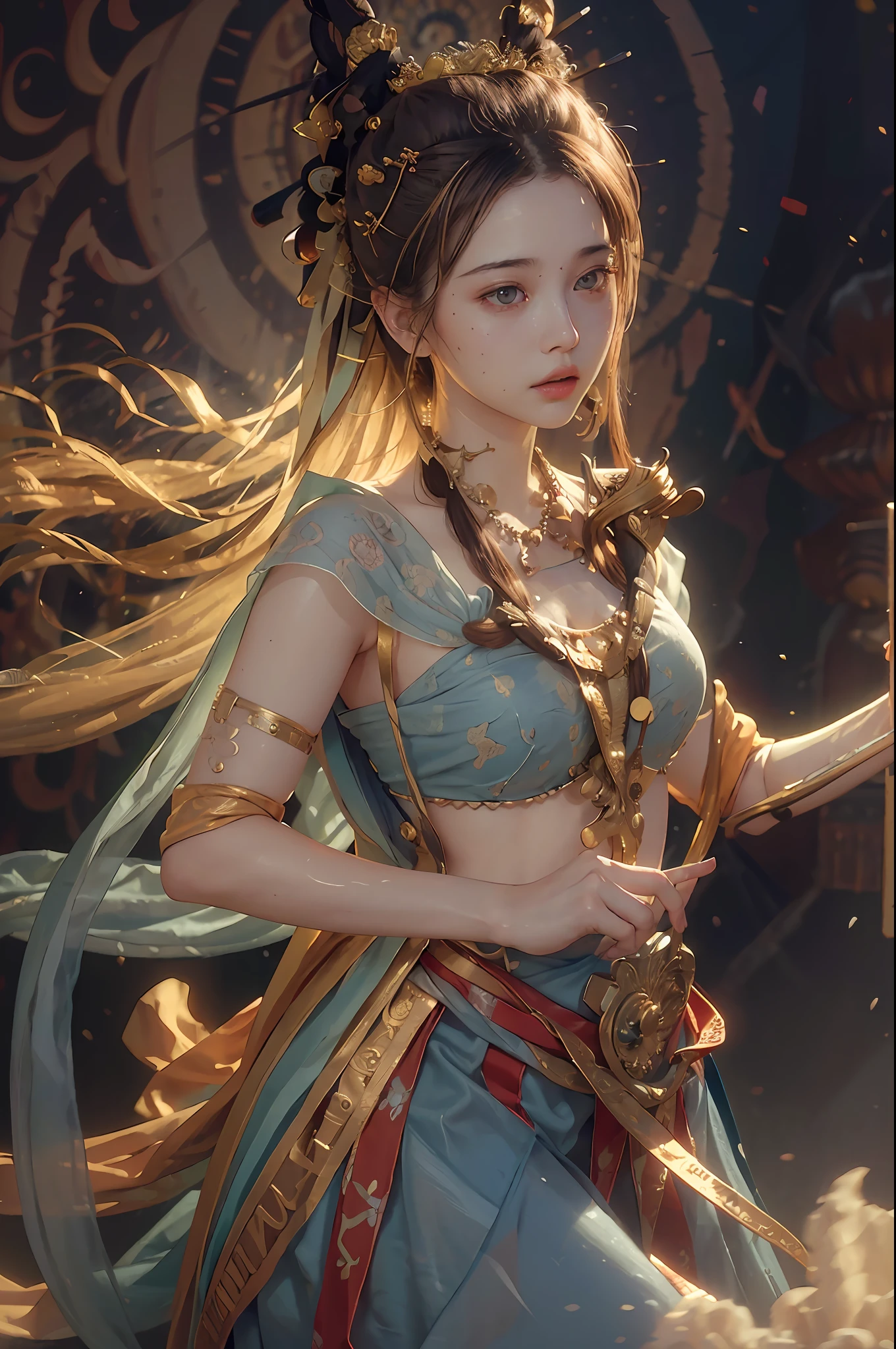 (RAW photo, best quality), (realistic, photo-realistic:1.3),best quality,highly detailed,masterpiece,ultra-detailed,illustration,1girl,upper_body,dynamic angle,world masterpiece theater,messy_long_hair,best quality,extremely detailed CG unity 8k wallpaper,ink,Amazing,cinematic lighting,lens_flare,,dunhuang_style