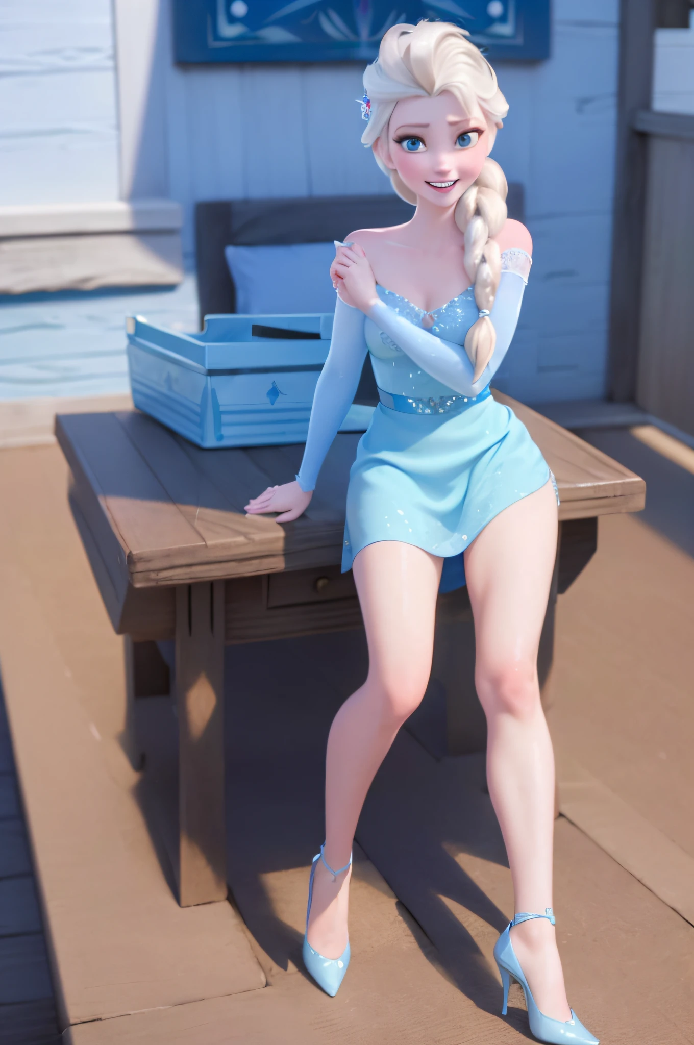 (masterpiece:1.4), (best qualit:1.4), (high resolution:1.4), elsa of arendelle, smile, single braid, bedroom, ice blue bikini, looking at viewer, stiletto high heels,