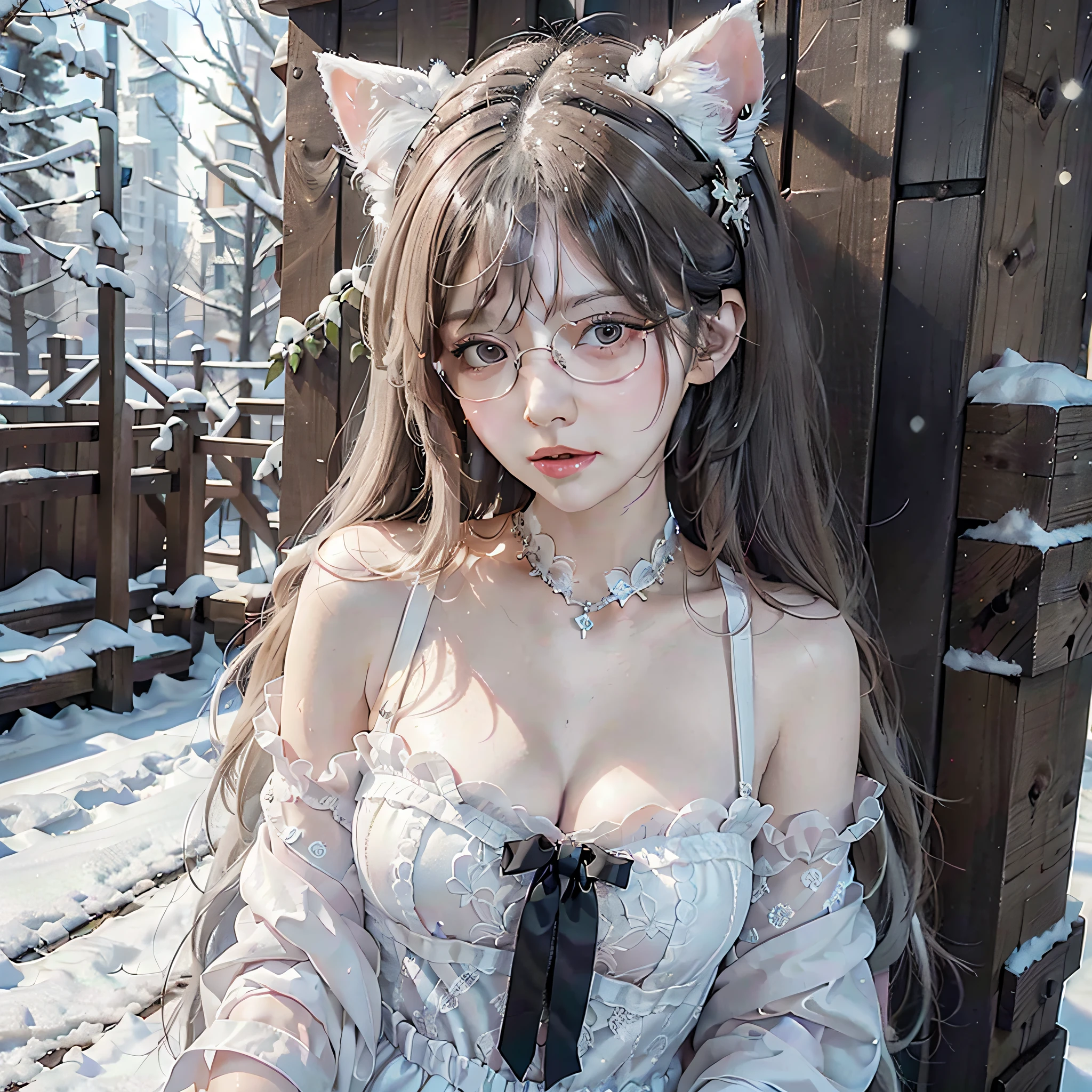 an innocent girl(wearing glasses) with exposing white thin full dress,(small breasts),with fluffy cat ears, with snow-color hair, with snowy background, wet, delicate skin,(8k, extremely detailed, flawless world, masterpiece)