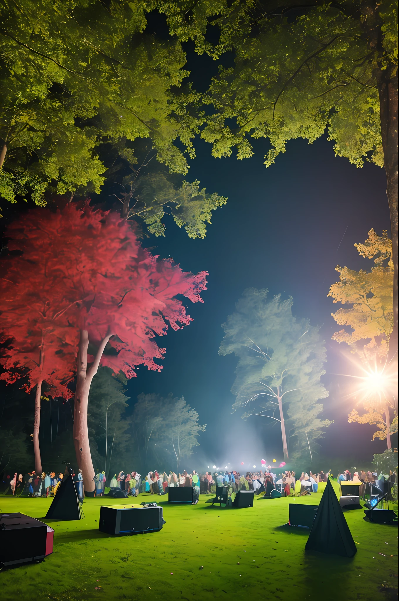 3D image, super sharp of quakity 4K 60fps. Background of an electronic party in the forest with a large audience,