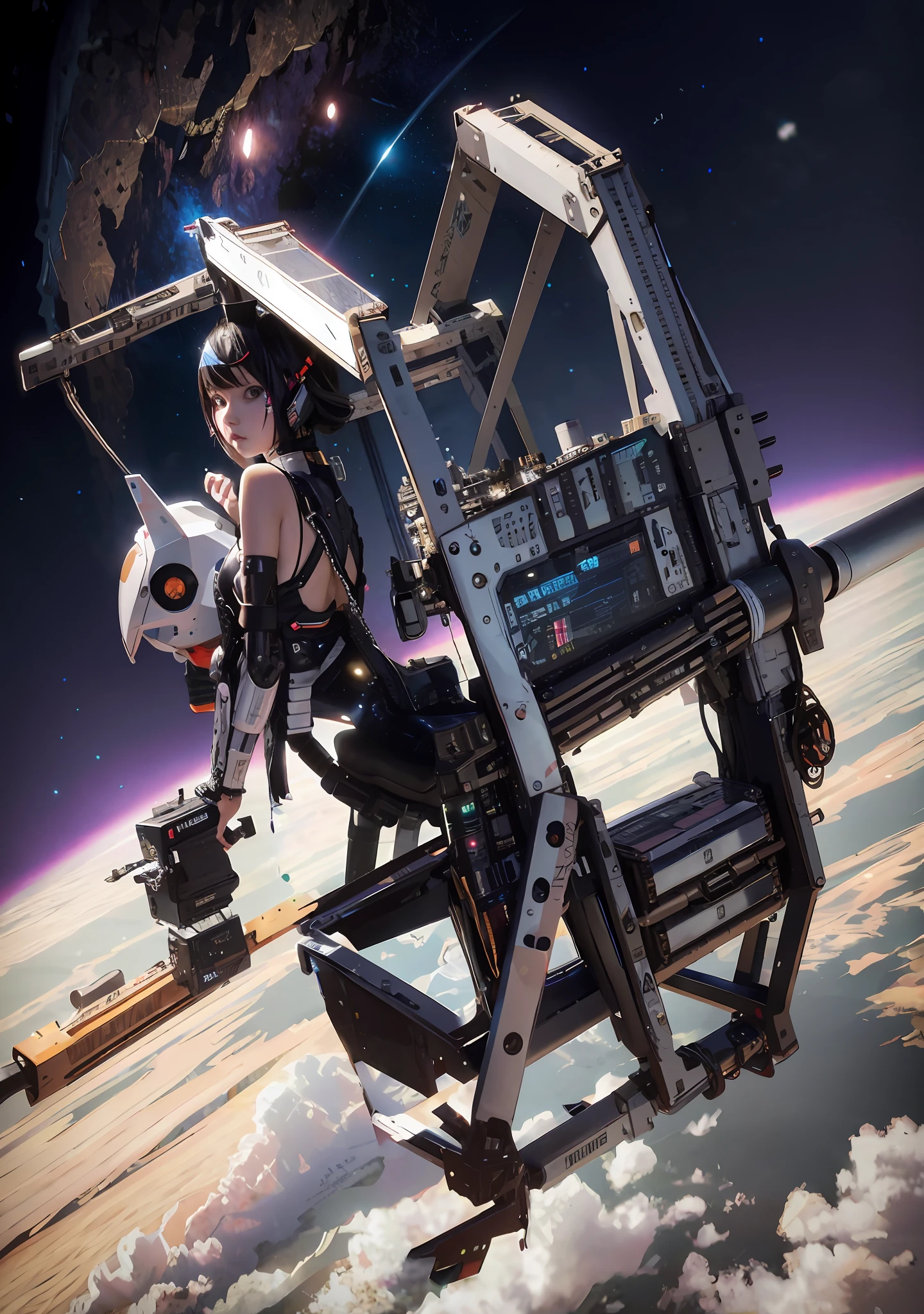 The legs are mechanically made, half-squatting on top of the space station, equipped with exoskeletons, fine and exquisite