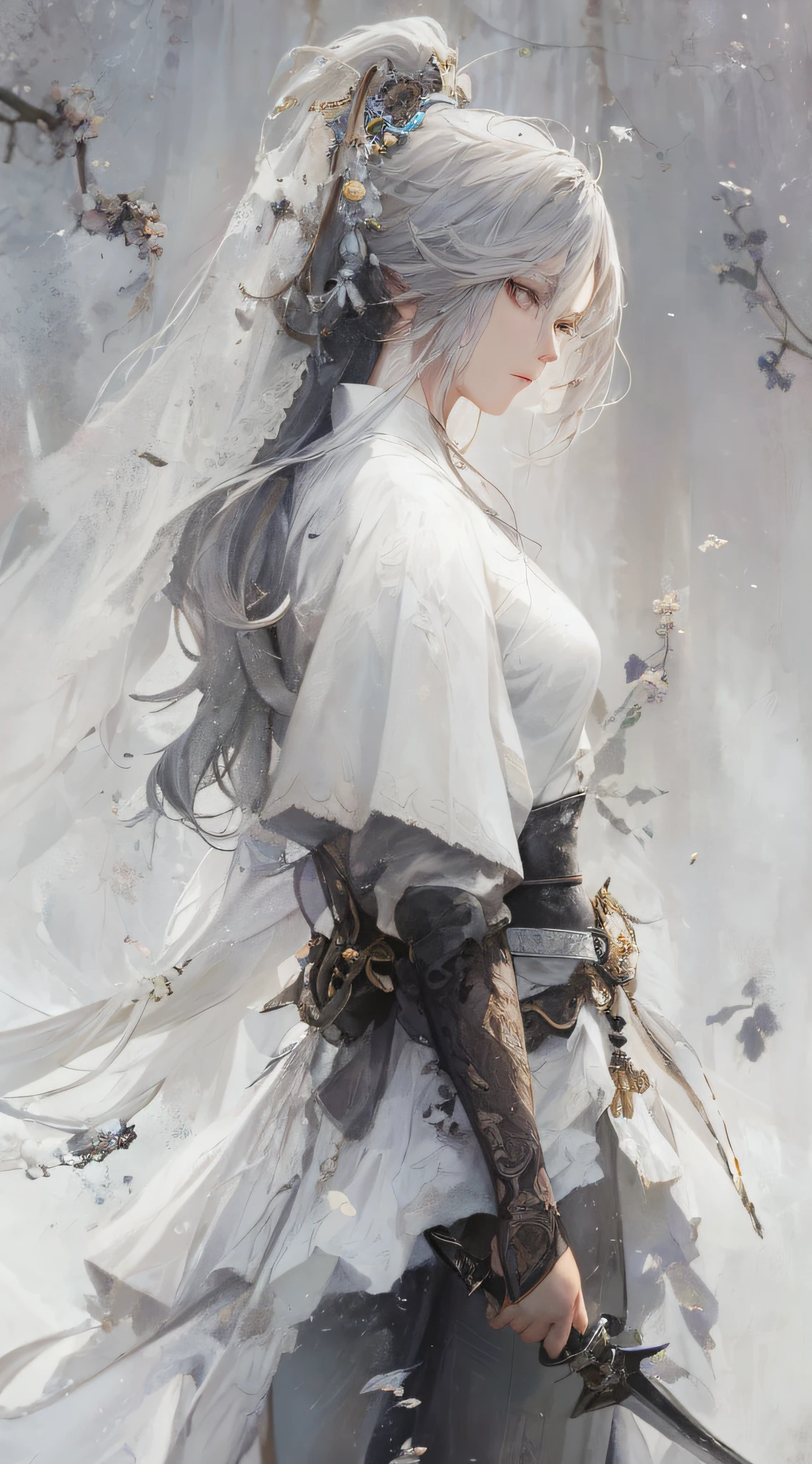 a close up of a woman with a sword in a white dress, a character portrait by Yang J, trending on cgsociety, fantasy art, beautiful character painting, artwork in the style of guweiz, guweiz, white hanfu, flowing white robes, full body wuxia, epic exquisite character art, stunning character art, beautiful female assassin