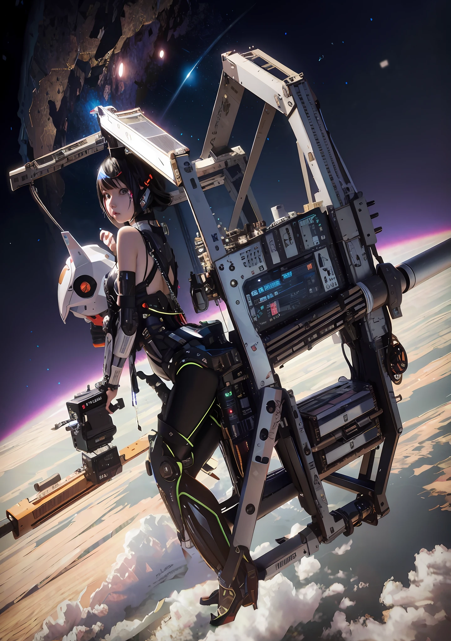 The legs are mechanically made, half-squatting on top of the space station, equipped with exoskeletons, fine and exquisite
