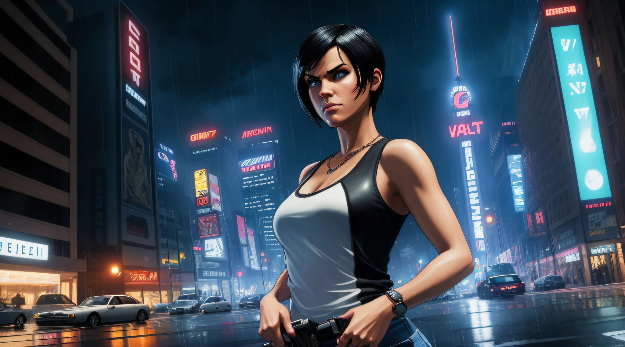 ((gta v style)), ((gta v wallpaper style)), ((gta v artwork)), realistic, photorealistic, cinematic, cinematic lights, dark colors, volumetric lights, reflections, dramatic, ultra detailed, modern, ((masterpiece)), close-up on face, background embassado, beautiful, sexy woman, solo, blue eyes, short hair, black chanel hair, hair in the wind, light age marks, slim body fitness, angry face, white regatta, jeans, giant city, tall buildings, neons, raining, drops, thunder, night.