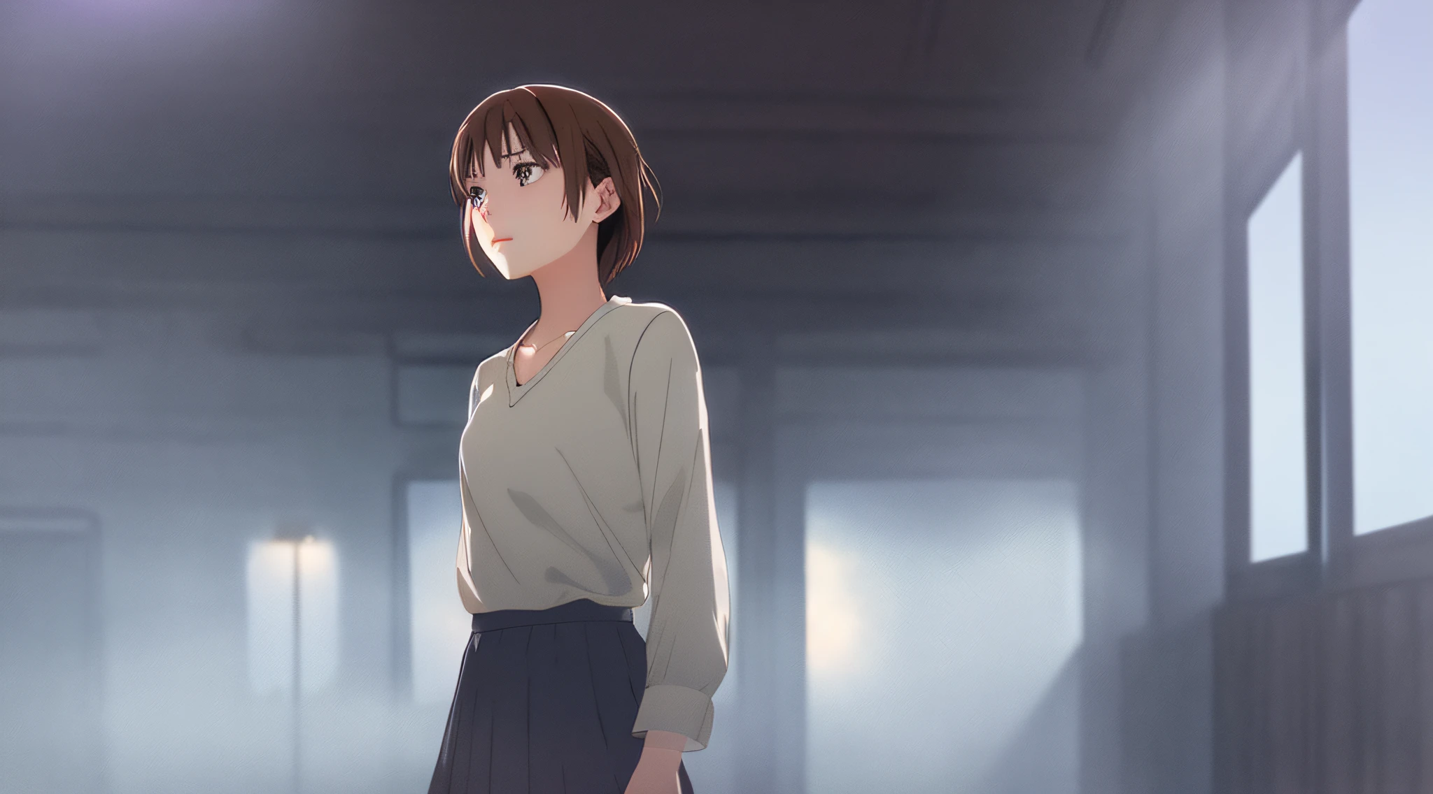 Detailed and perfect anime style illustration, brown short hair, very cute young woman, female focus, solo, grey shirt, wearing gray long skirt. Daydream, dramatic and fantastic foggy mysterious background, background blurred, dramatic lighting Makoto Shinkai