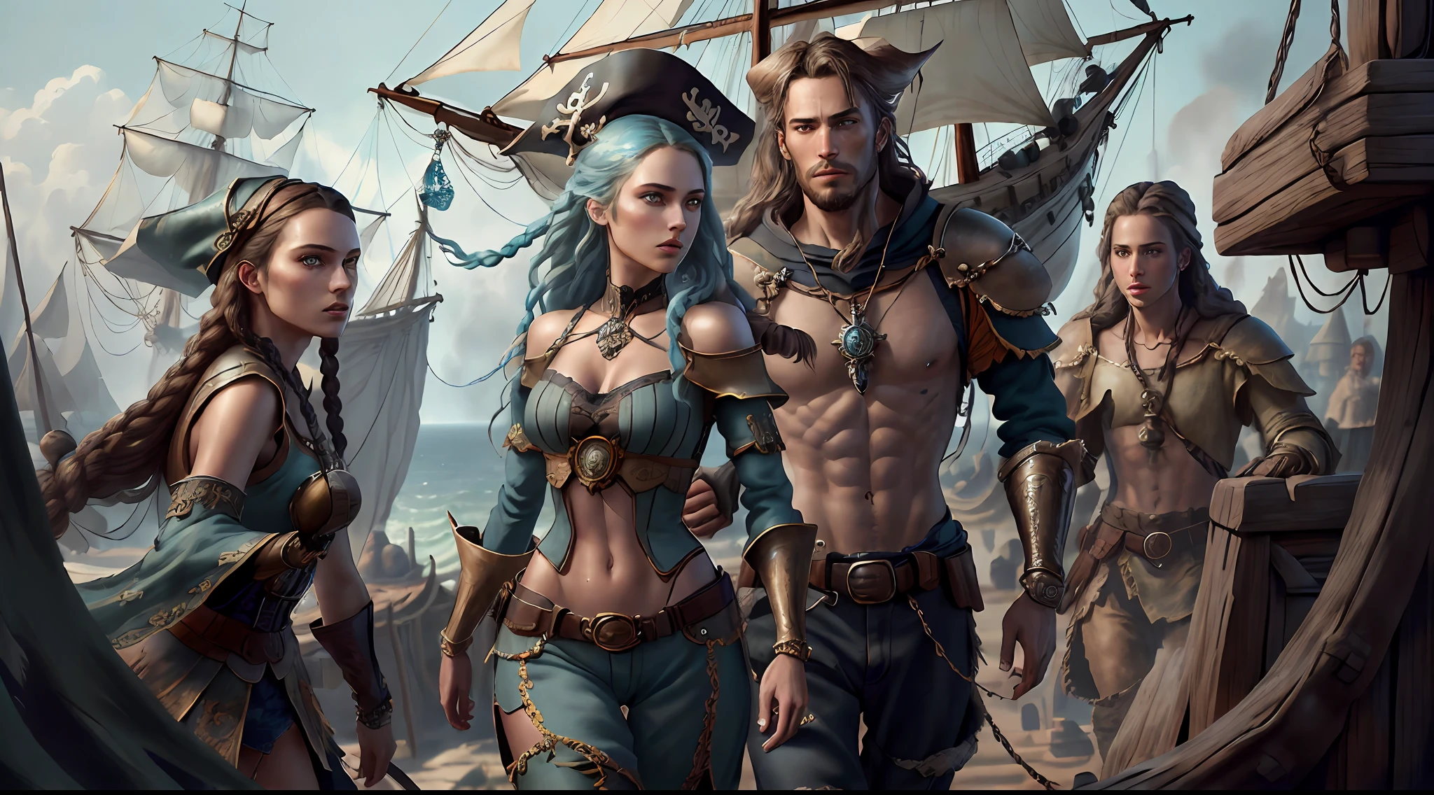 (((Multi-person interaction, with male and female))), (Highly detailed RAW color photo, ridiculous resolution, high resolution, super detailed), ((r 9 6 angles)), blue skin, handsome, fearless and brave expression, mature, thin shoulders, very thin body, black captive dark pirate hat, white dirty braids, vibrant green eyes, (detailed eyes and detailed face), extremely detailed 8k photo, (full body: 0.9), beautiful woman, overboard, offboard background, detailed face, (Medieval Fantasy Theme: 1.3), Light Blue Pirate Theme Armor with Highly Intricate Details, Blue Pants, Ship in the Background, Inside the Ship, Deck of the Ship, Inspired by Dungeons & Dragons, Digital Artwork, Surreal, Photography, Soft Lighting, Soft Detail, Octane, ArtStation Trend, Ultra High Detail, Surreal, Movie, 16k,