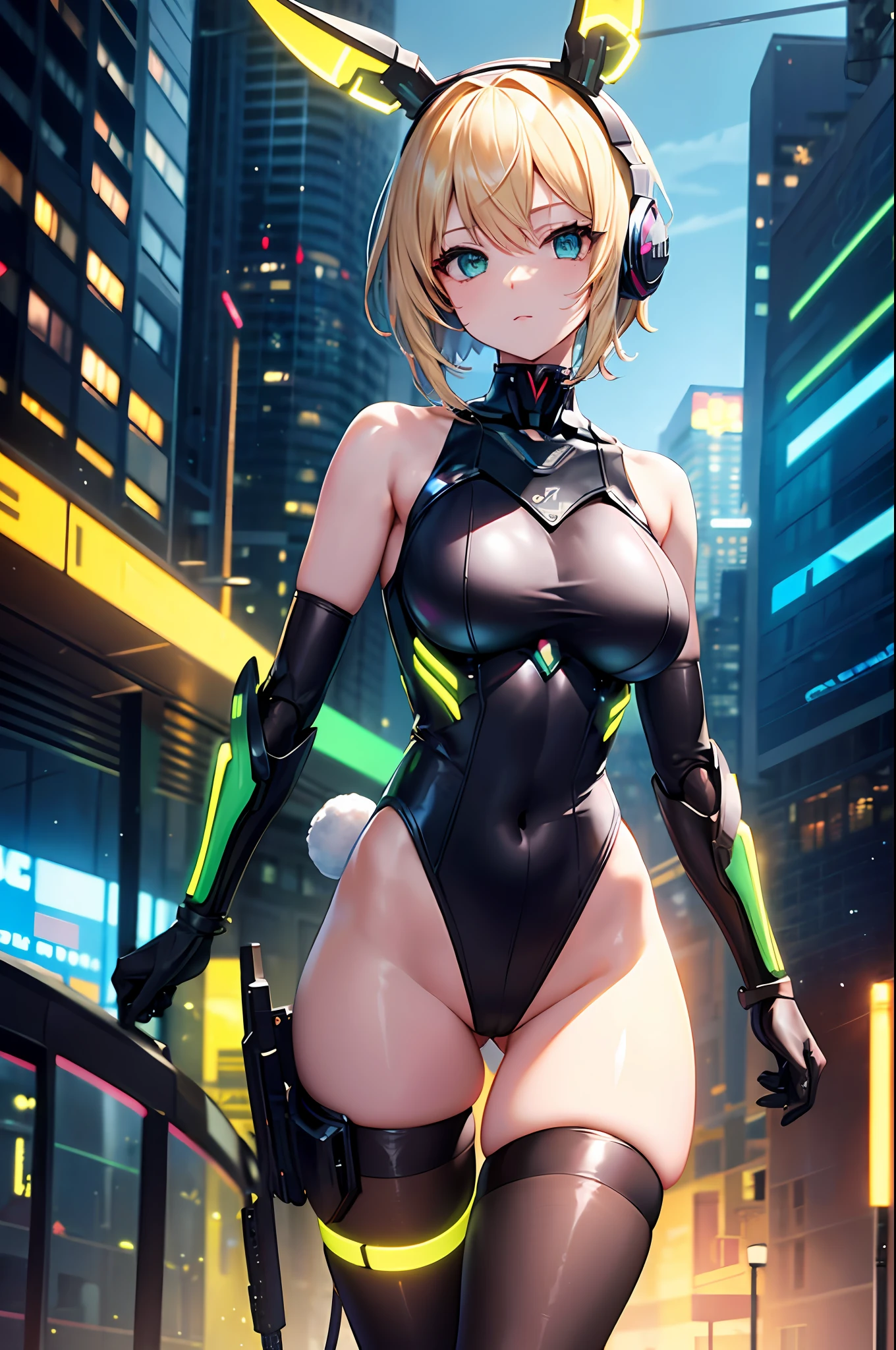 Top quality, masterpiece, fine detail, super detailed, accurate depiction, highly detailed 8k wallpaper, 1 girl, green eyes, (Sexy Mecha Girl: 1.3), BREAK looking straight, five perfect fingers, (white exoskeleton leotard: 1.5), BREAK (mechanical joints, mechanical limbs: 1.4), (bare shoulders and armpits), (flat_chest, huge_breasts, wide_hips), (rabbit ears and tail: 1.2), BREAK headphone, short blonde hair, mesh tights, cyberpunk, neon glowing urban streetscape,