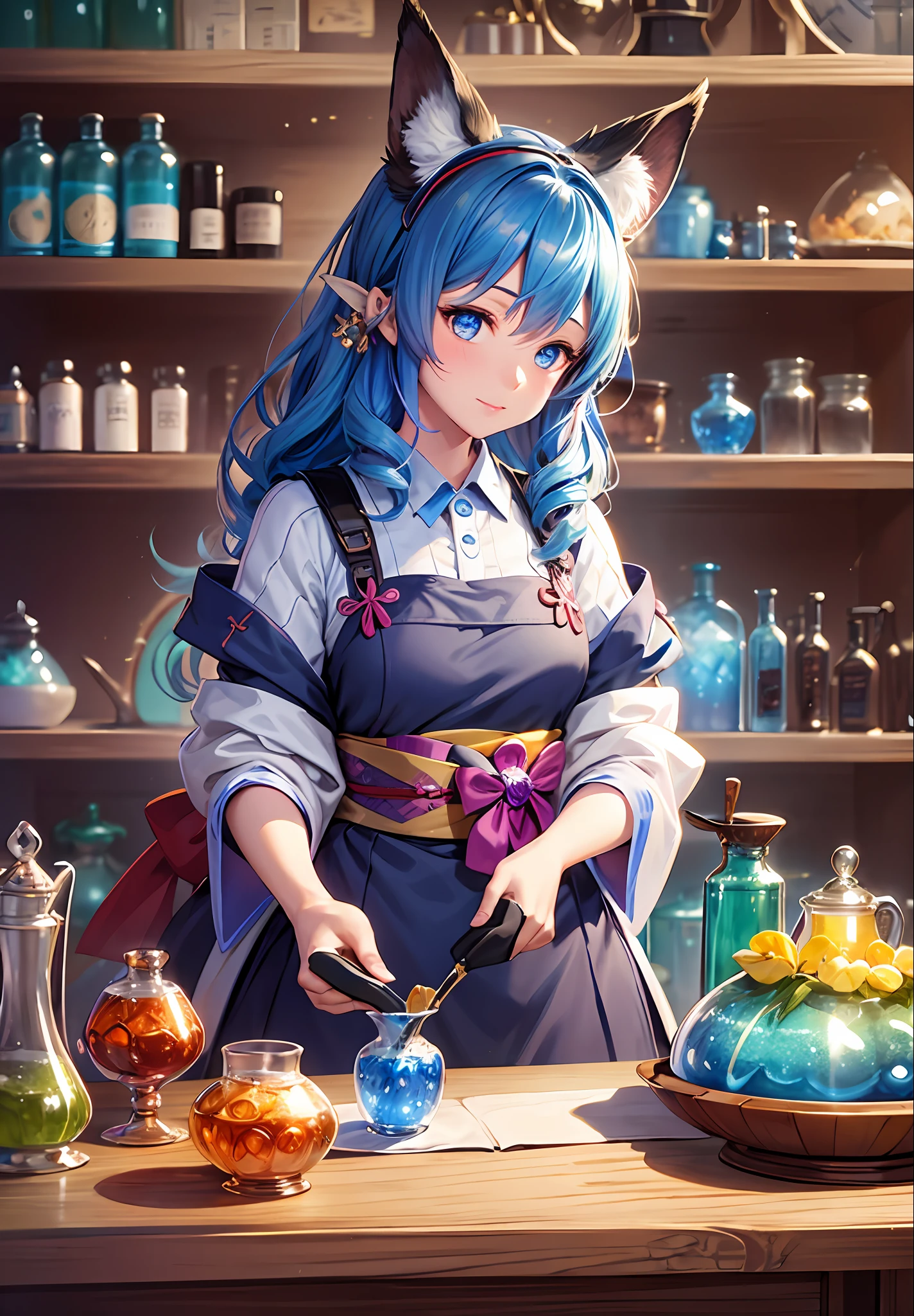 hyper photorealistic, (extremely detailed background),(life potions shop:1.3),(displayed beautiful life potions:1.3),1 fox ears girl,solo,(shopkeeper:1.2),(random hair),(beautiful glowing blue eyes),BREAK,(KIMONO maid)