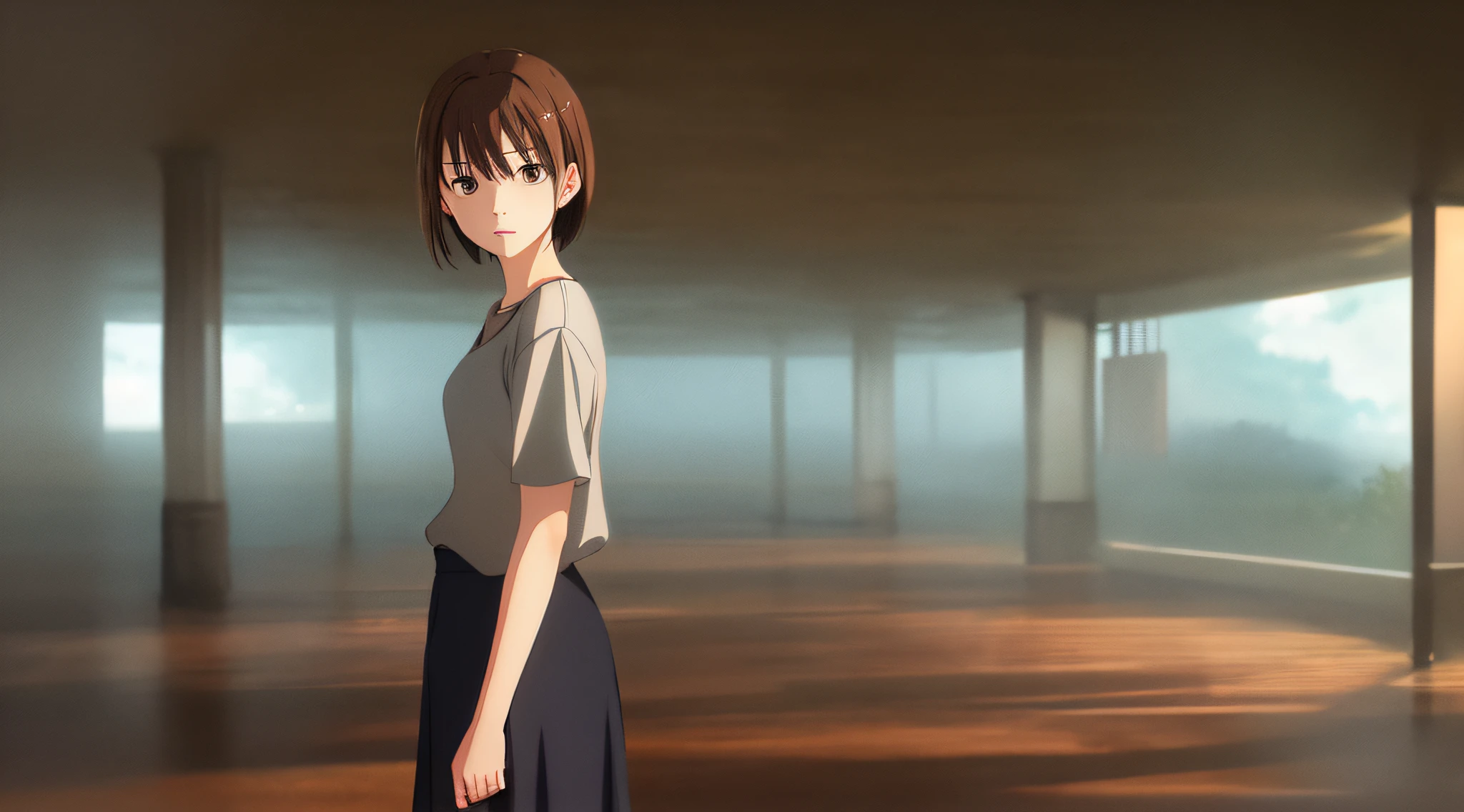 Detailed and perfect anime style illustration, brown short hair, very cute young woman, female focus, solo, grey shirt, wearing gray long skirt. Daydream, dramatic and fantastic foggy mysterious background, background blurred, dramatic lighting Makoto Shinkai