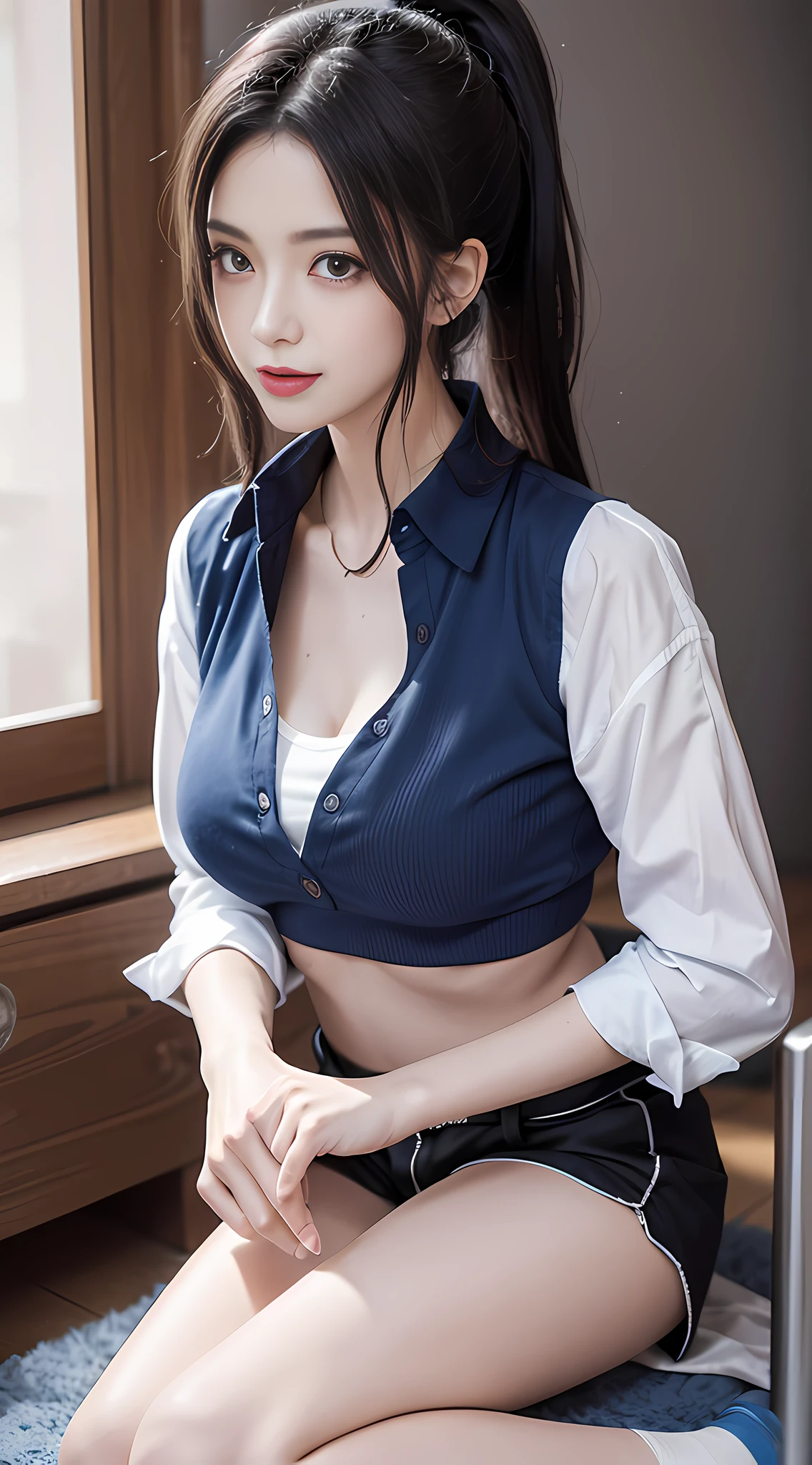 A girl, kneeling on the playground after school, (full body visible)), away from the audience. She is a beautiful, pretty, cute, cute, young, ager. She is slim, slender, petite, thin, (big breasts), (big breasts), (big breasts). She was sweaty, wet, and drenched. The clothes are transparent, there is sweat on the skin, and the hair is wet. She grinned and smiled. She looks natural, relaxed and unpretentious. Scheming face. Make faces. (sticking out his tongue), telling a secret, hiding a secret, shyness, excitement. She stared at the audience. She wears a black ponytail. She wore a school uniform, a rolled up white shirt with a blue collar, a colored corduroy sports bra under the shirt, blue shorts, and two layers. Shirt lift,. Camera focused on her face, light shining on her face, very large aperture, ((f/1.2)), shallow depth of field, strong blur in background lens, ISO 3000, auto white balance, extremely detailed, professional lighting, soft light, raw photos, Uniqlo fashion models, best quality, masterpiece, award-winning photography, huge file size, 8k, high resolution, shot on Sony DSLR.
