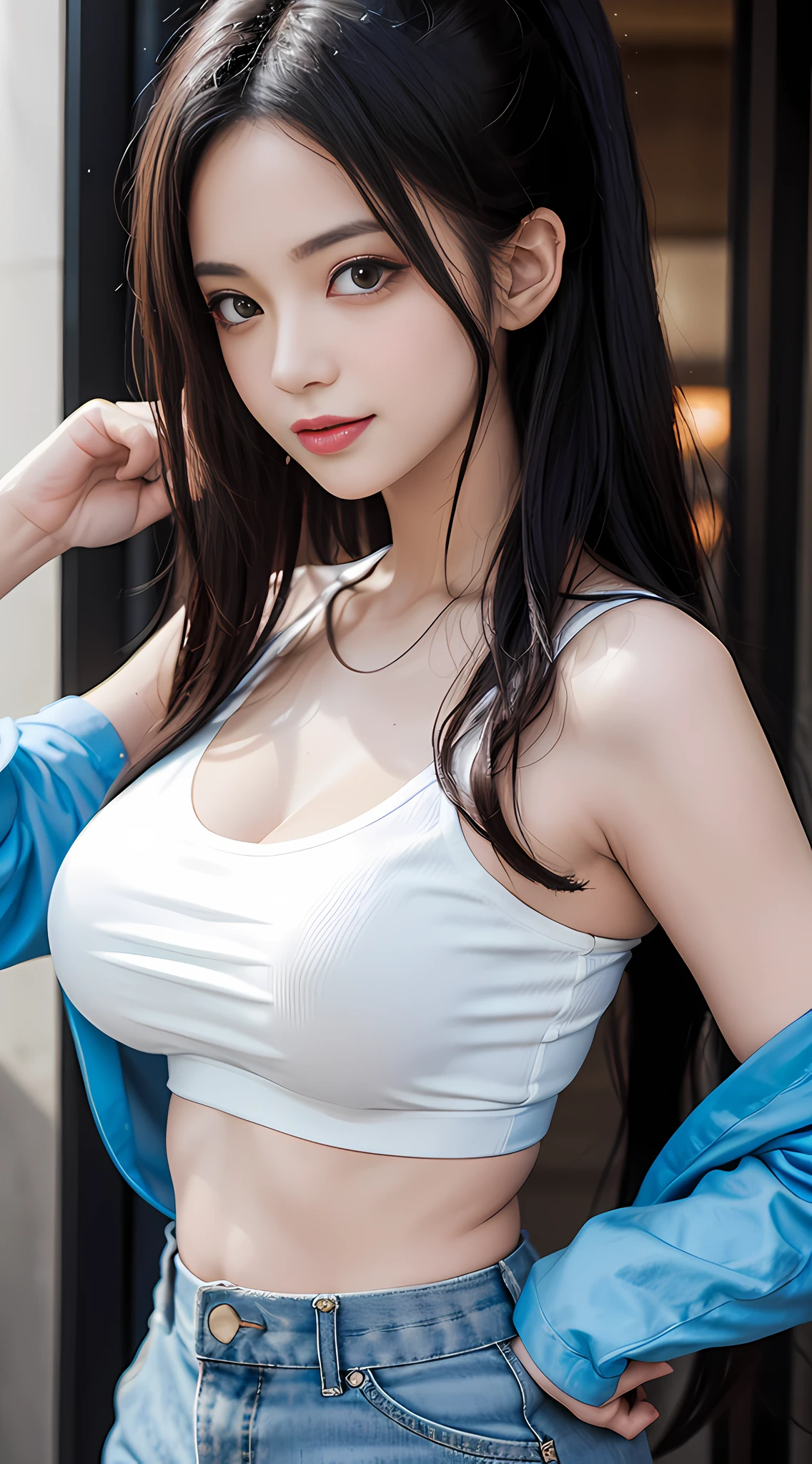 A girl, on the playground after school, ((fully visible)), away from the spectators. She is a beautiful, pretty, cute, cute, young, ager. She is slim, slender, petite, thin, (big breasts), (big breasts), (big breasts). She was sweaty, wet, and drenched. The clothes are transparent, there is sweat on the skin, and the hair is wet. She grinned and smiled. She looks natural, relaxed and unpretentious. Scheming face. Make faces. (sticking out his tongue), telling a secret, hiding a secret, shyness, excitement. She stared at the audience. She wears a black ponytail. She wore a school uniform, a rolled up white shirt with a blue collar, a colored corduroy sports bra under the shirt, blue shorts, and two layers. Shirt lift,. Camera focused on her face, light shining on her face, very large aperture, ((f/1.2)), shallow depth of field, strong blur in background lens, ISO 3000, auto white balance, extremely detailed, professional lighting, soft light, raw photos, Uniqlo fashion models, best quality, masterpiece, award-winning photography, huge file size, 8k, high resolution, shot on Sony DSLR.
